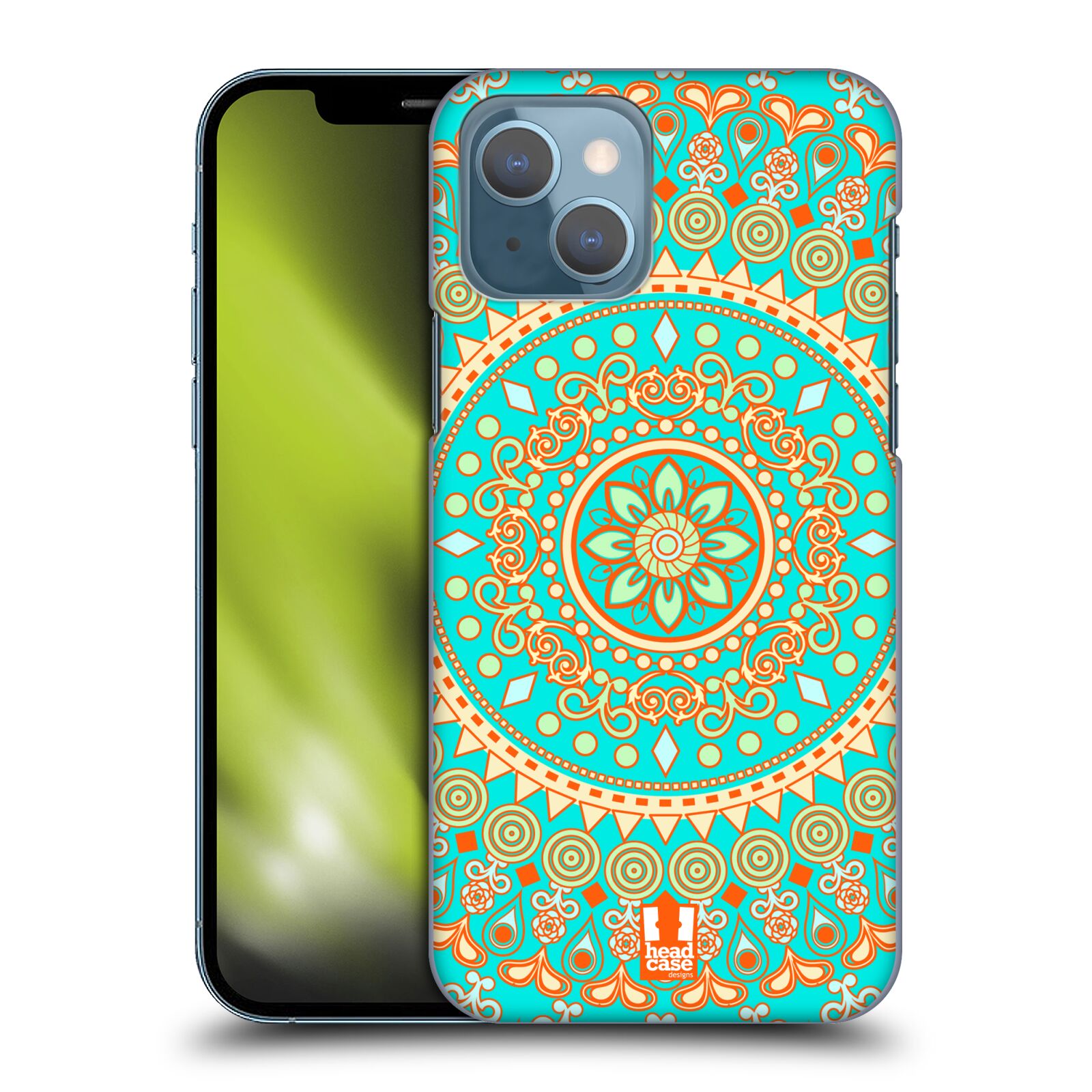 Plastový obal HEAD CASE na mobil Apple Iphone 13 vzor Indie Mandala slunce barevný motiv TYRKYSOVÁ, ZELENÁ