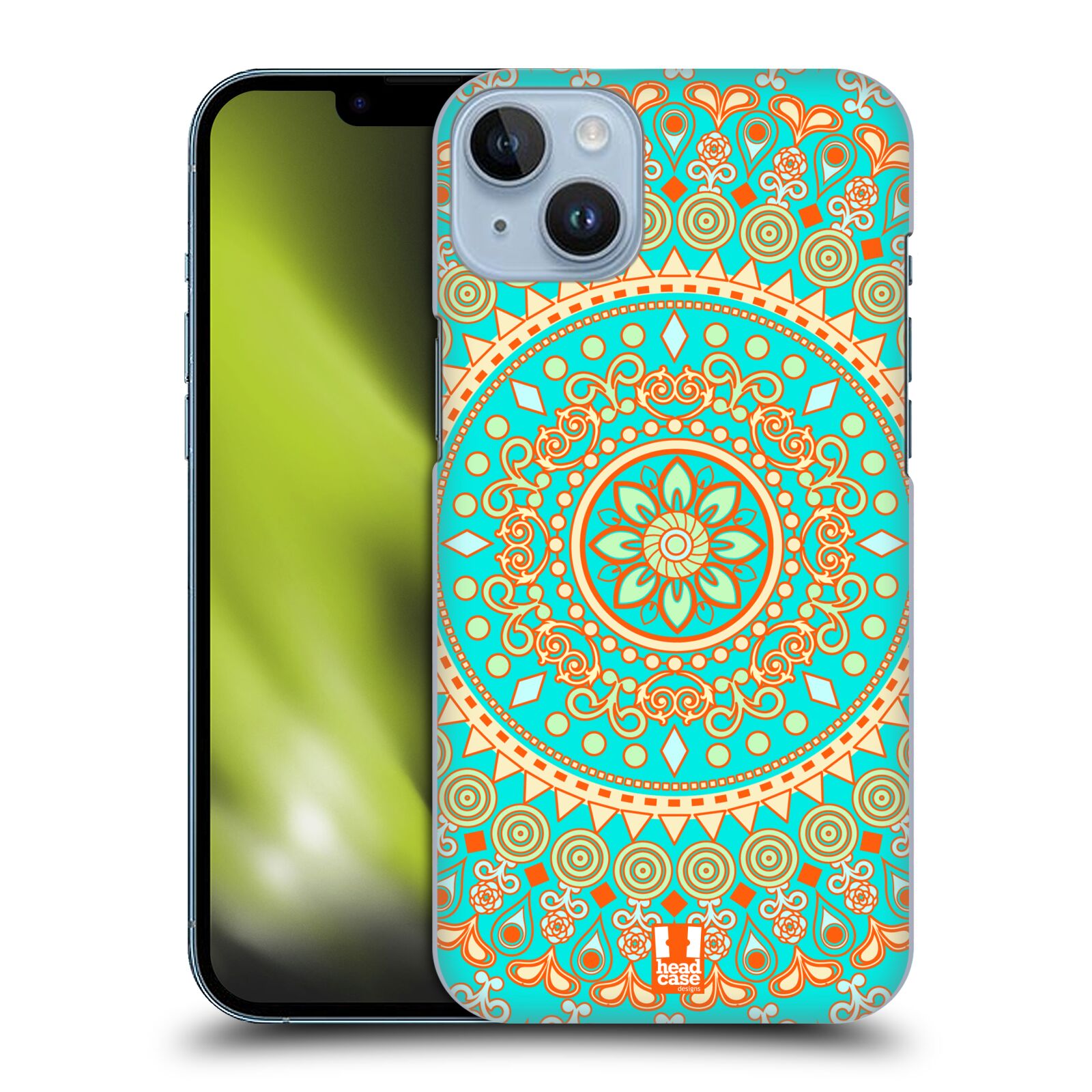 Plastový obal HEAD CASE na mobil Apple Iphone 14 PLUS vzor Indie Mandala slunce barevný motiv TYRKYSOVÁ, ZELENÁ