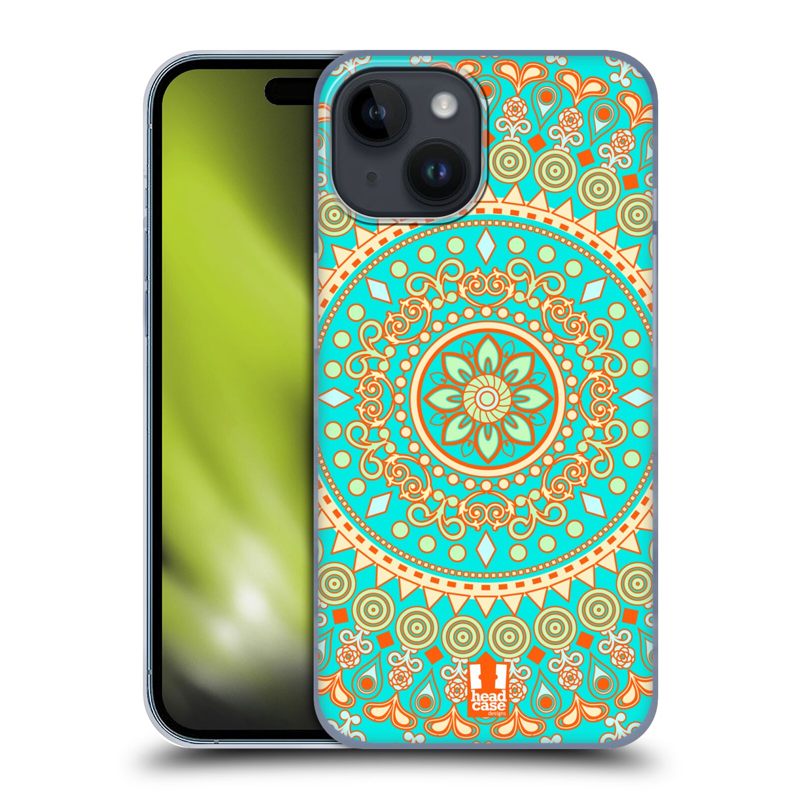 Plastový obal HEAD CASE na mobil Apple Iphone 15 vzor Indie Mandala slunce barevný motiv TYRKYSOVÁ, ZELENÁ