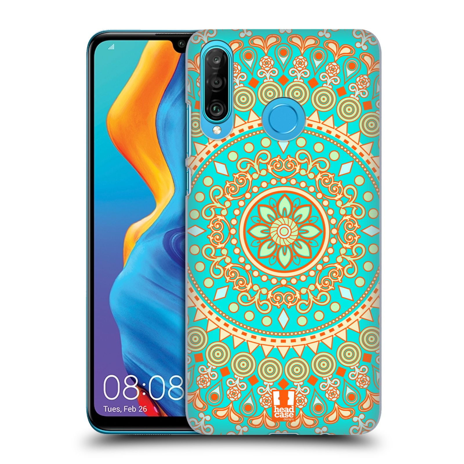 Pouzdro na mobil Huawei P30 LITE - HEAD CASE - vzor Indie Mandala slunce barevný motiv TYRKYSOVÁ, ZELENÁ