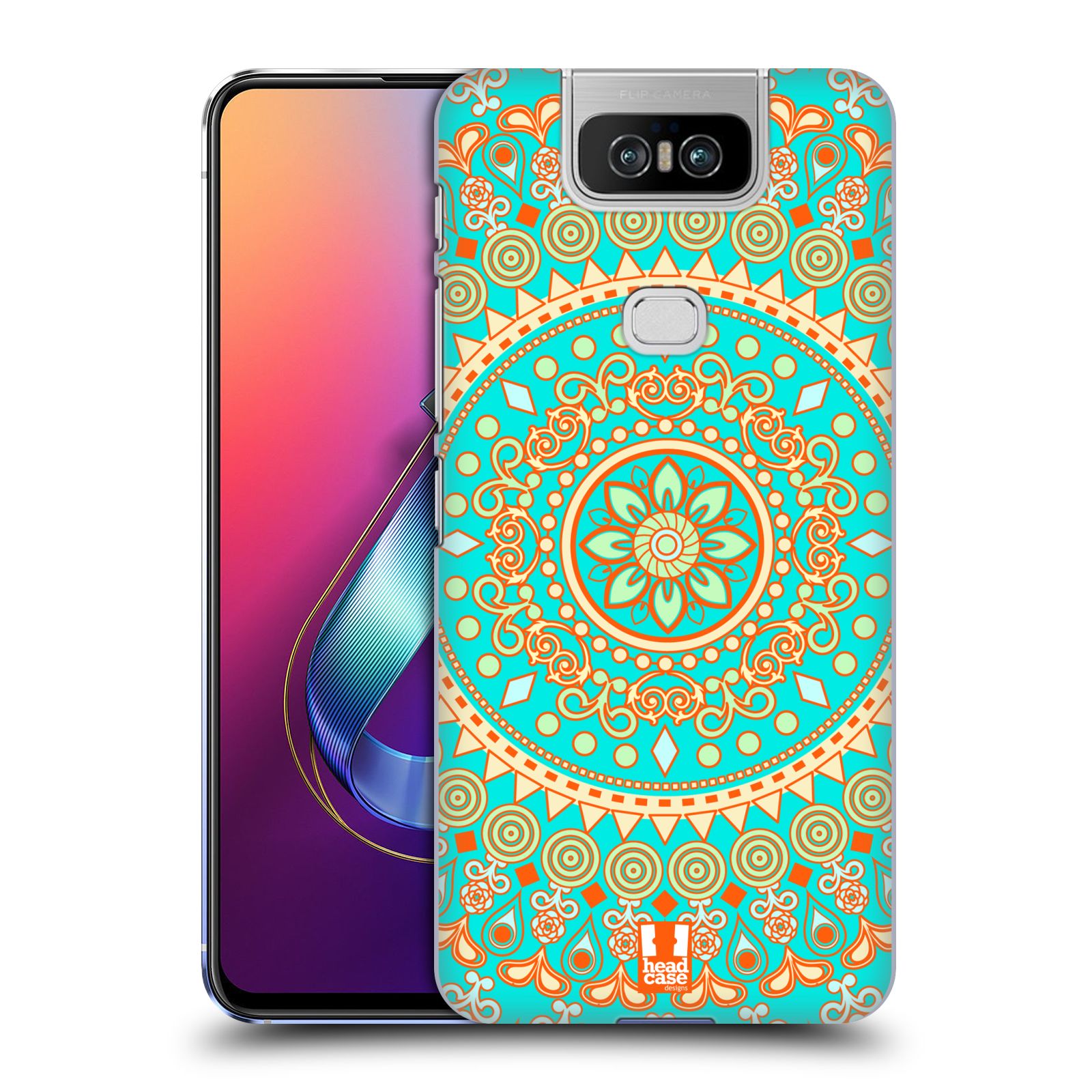 Pouzdro na mobil Asus Zenfone 6 ZS630KL - HEAD CASE - vzor Indie Mandala slunce barevný motiv TYRKYSOVÁ, ZELENÁ
