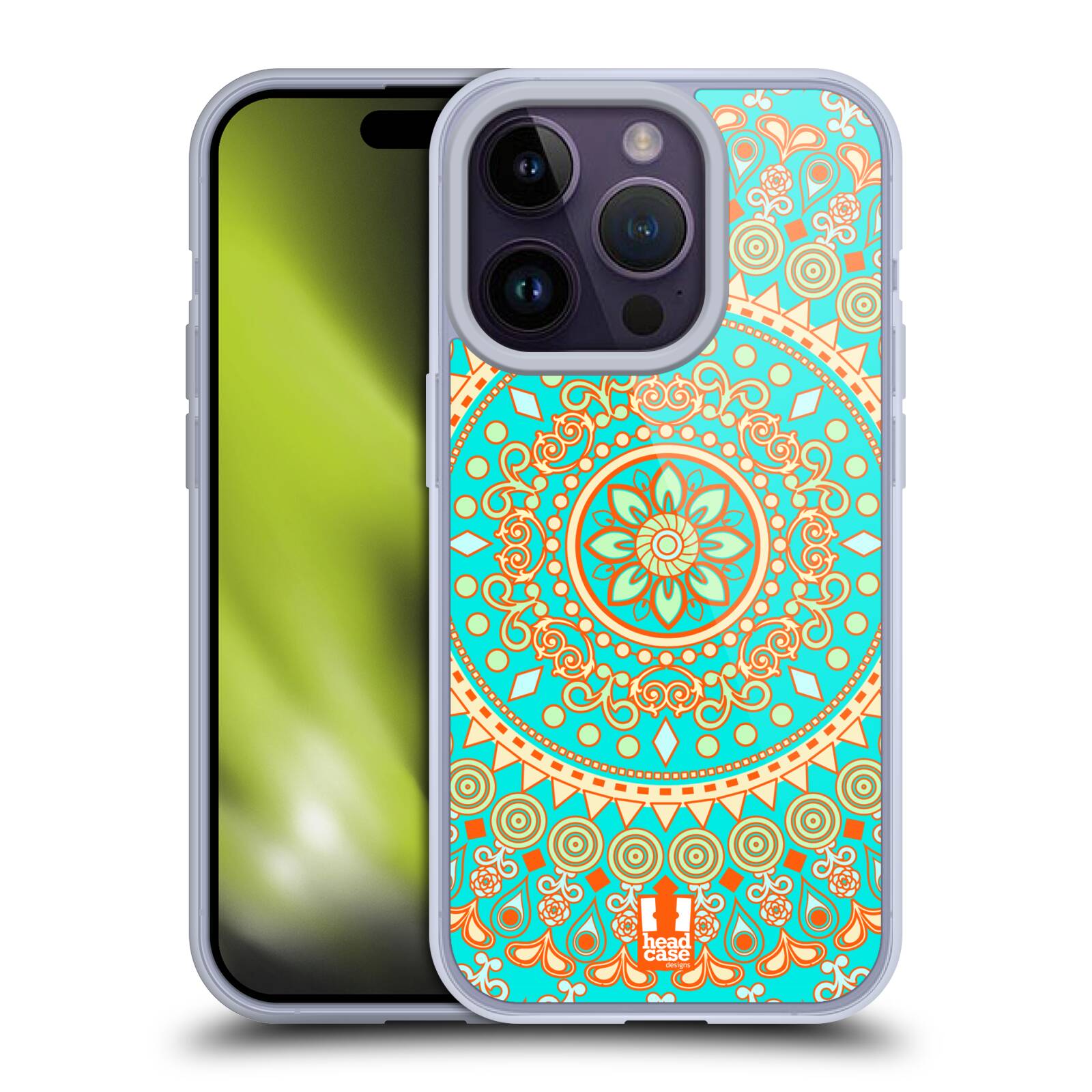 Plastový obal HEAD CASE na mobil Apple Iphone 14 PRO vzor Indie Mandala slunce barevný motiv TYRKYSOVÁ, ZELENÁ