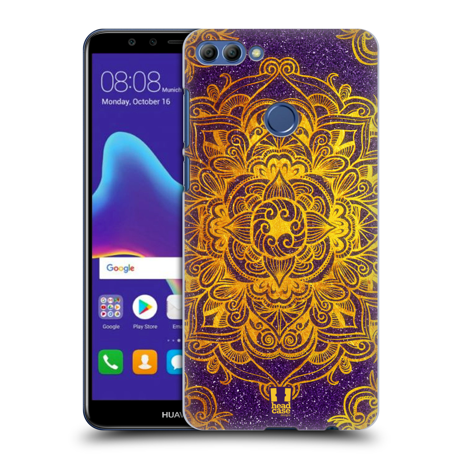 HEAD CASE plastový obal na mobil Huawei Y9 2018 vzor Indie Mandala slunce barevná ZLATÁ A FIALOVÁ