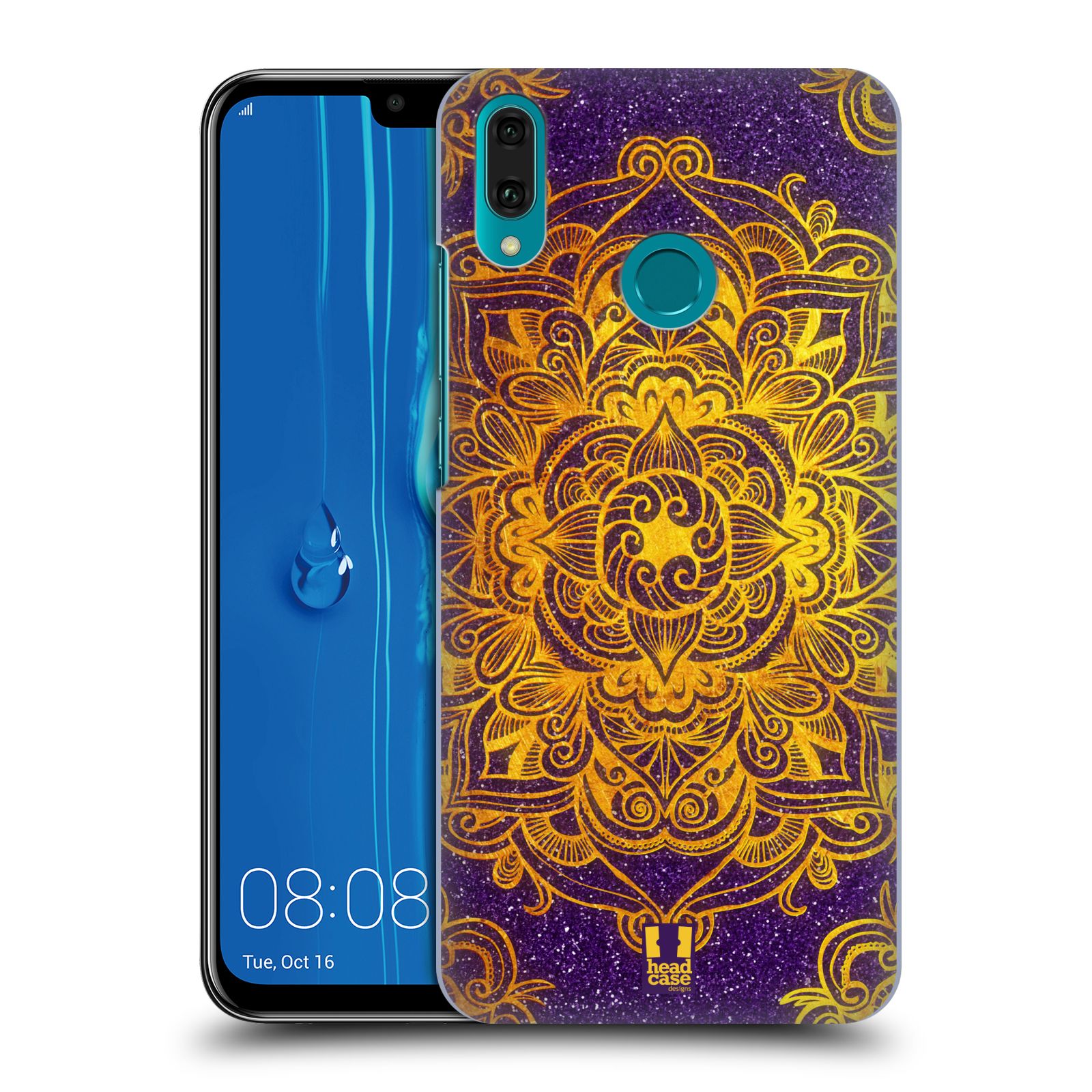Pouzdro na mobil Huawei Y9 2019 - HEAD CASE - vzor Indie Mandala slunce barevná ZLATÁ A FIALOVÁ