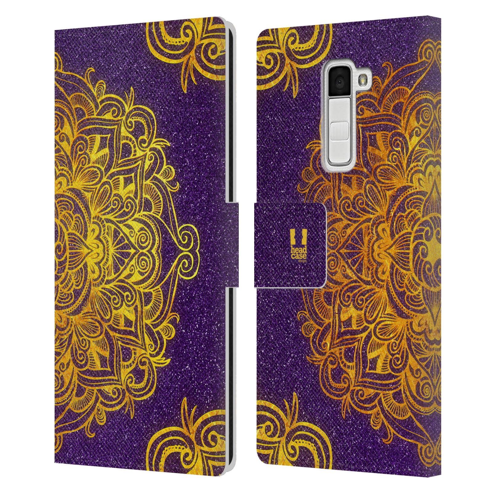 HEAD CASE Flipové pouzdro pro mobil LG K10 mandala kreslená fialová a zlatá