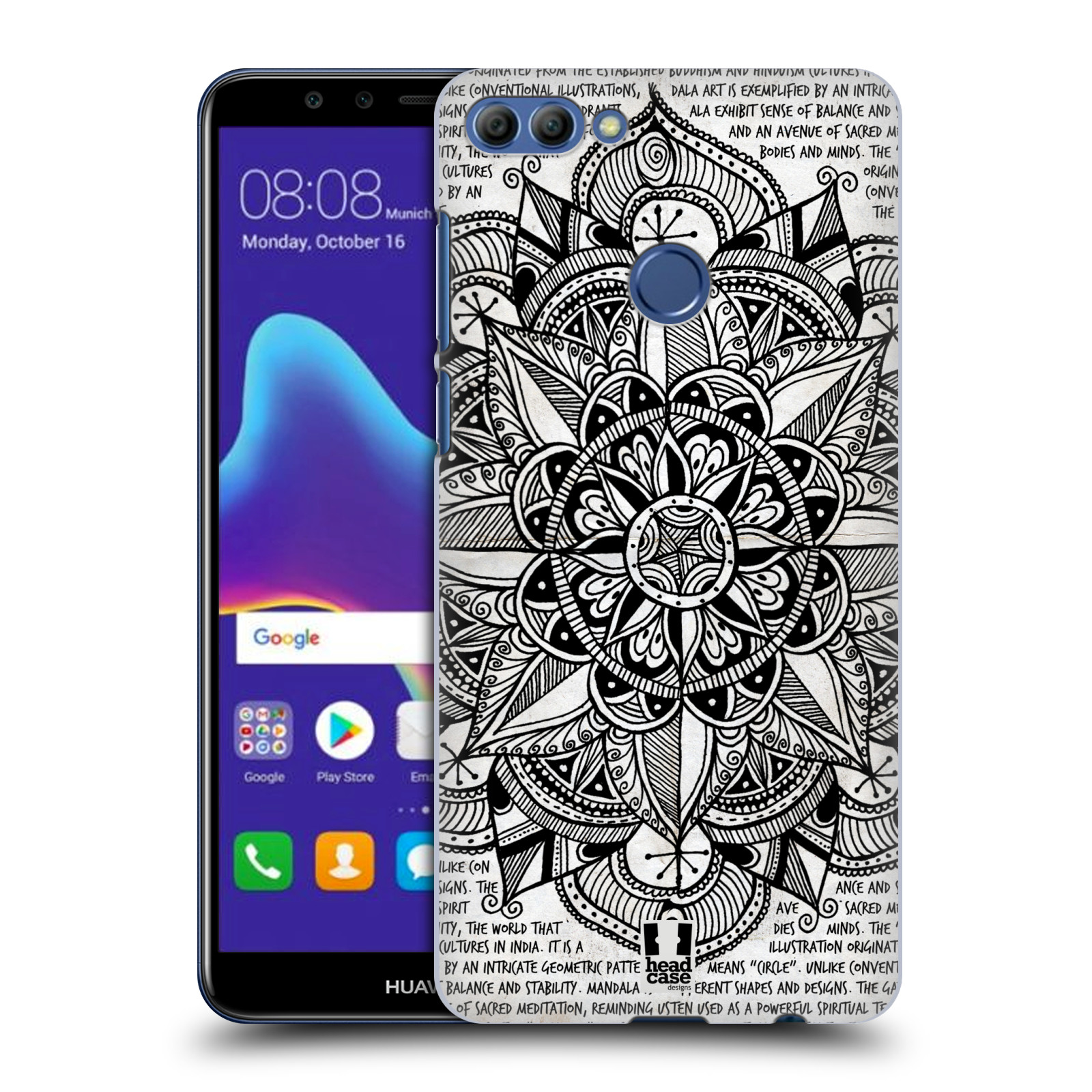 HEAD CASE plastový obal na mobil Huawei Y9 2018 vzor Indie Mandala slunce barevná ČERNÁ A BÍLÁ MAPA