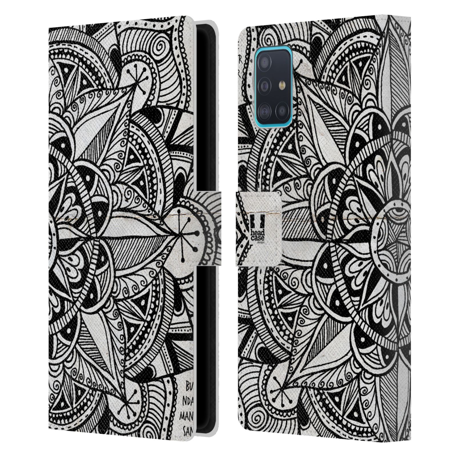 Pouzdro na mobil Samsung Galaxy A51 (A515F) mandala kreslená papír a kompas černobílá