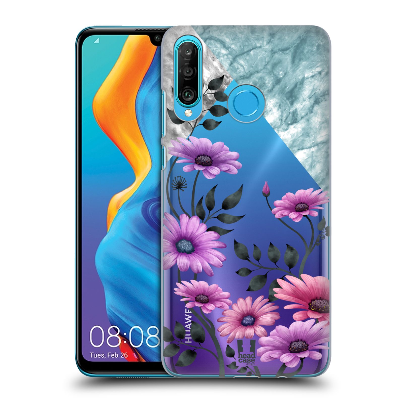 Pouzdro na mobil Huawei P30 LITE - HEAD CASE - květiny hvězdnice, Aster fialová a modrá