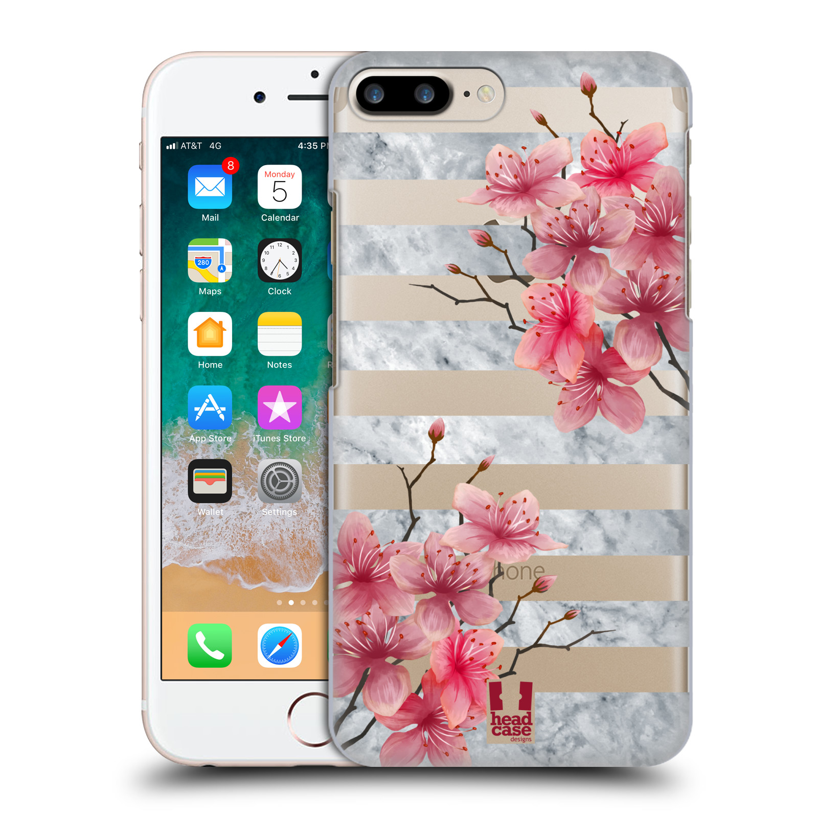 Plastové pouzdro pro mobil Apple Iphone 8 PLUS růžové květy v rozkvětu a mramor
