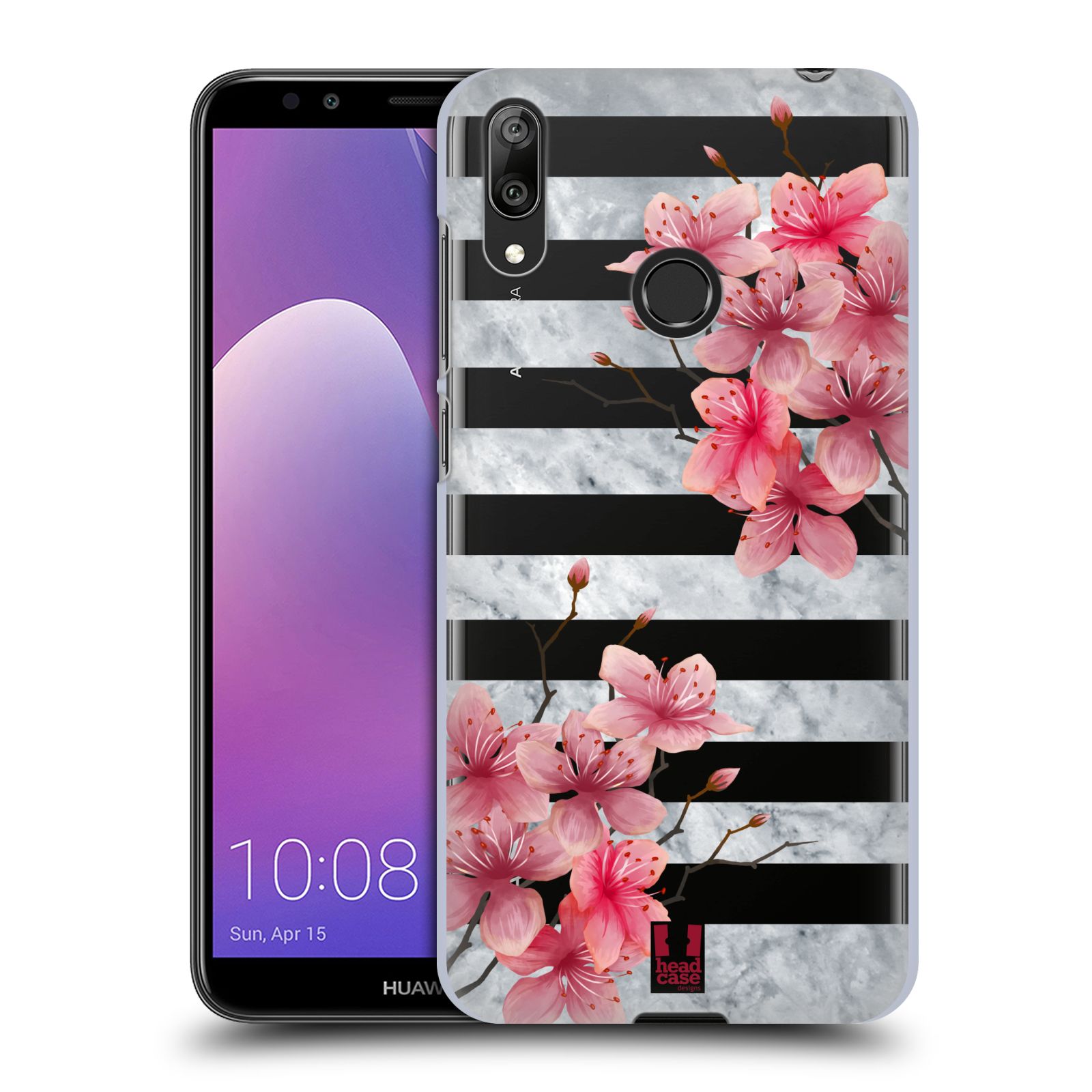 Pouzdro na mobil Huawei Y7 2019 - Head Case - růžové květy v rozkvětu a mramor