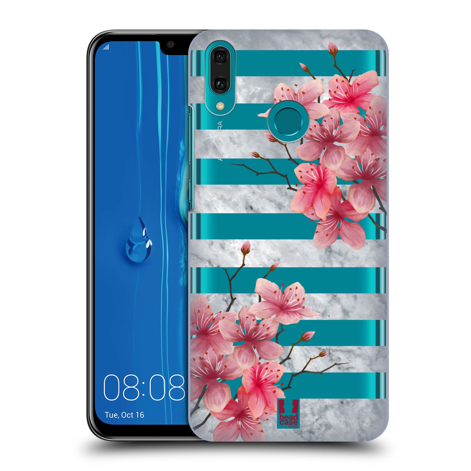 Pouzdro na mobil Huawei Y9 2019 - HEAD CASE - růžové květy v rozkvětu a mramor