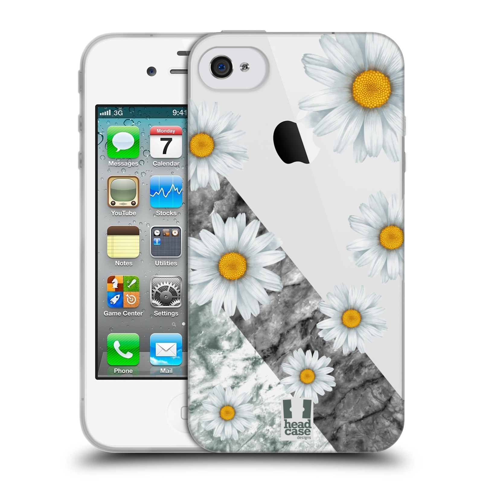 HEAD CASE silikonový obal na mobil Apple Iphone 4/4S květina sedmikráska a mramor