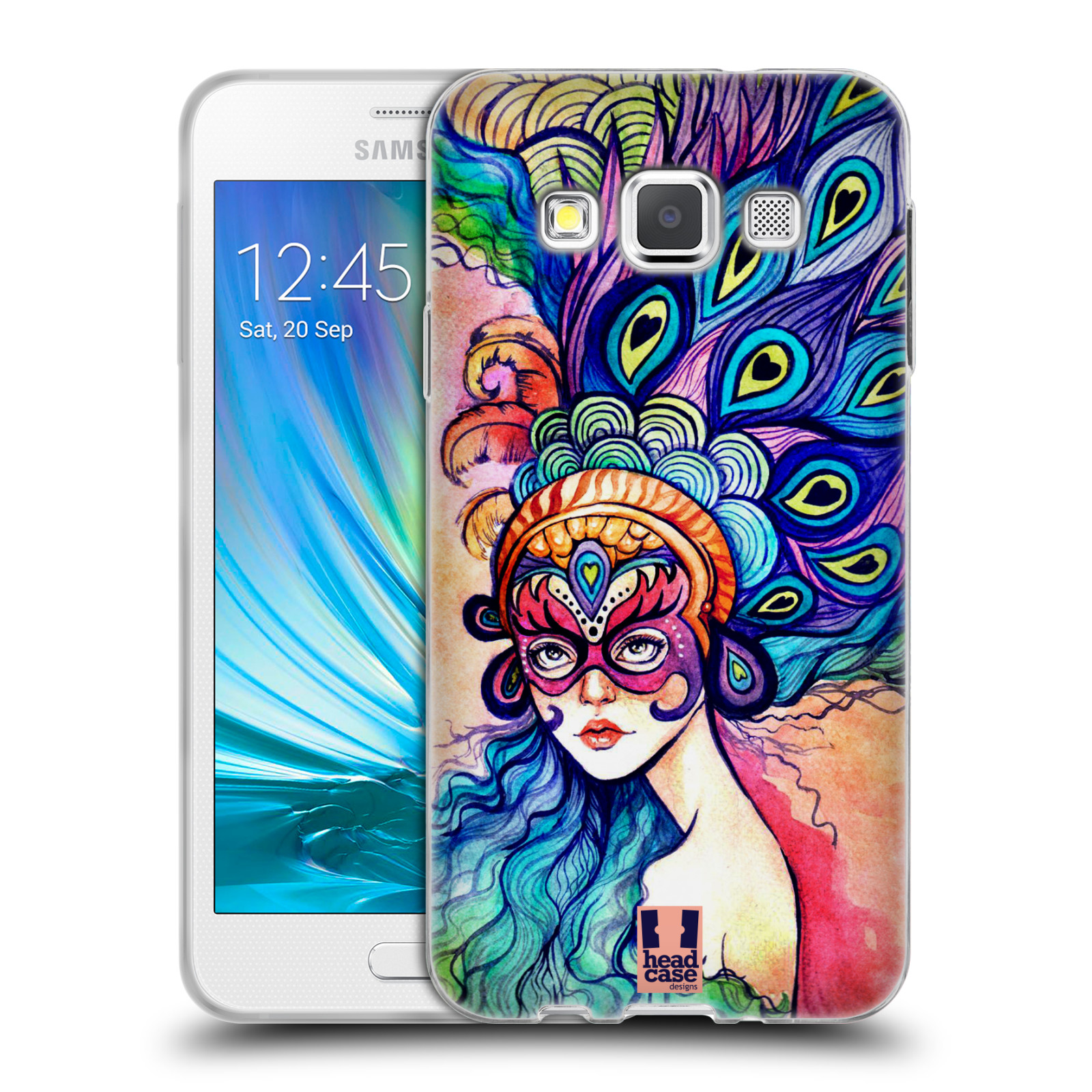 HEAD CASE silikonový obal na mobil Samsung Galaxy A3 vzor Maškarní ples masky kreslené vzory MODRÉ PÍRKA