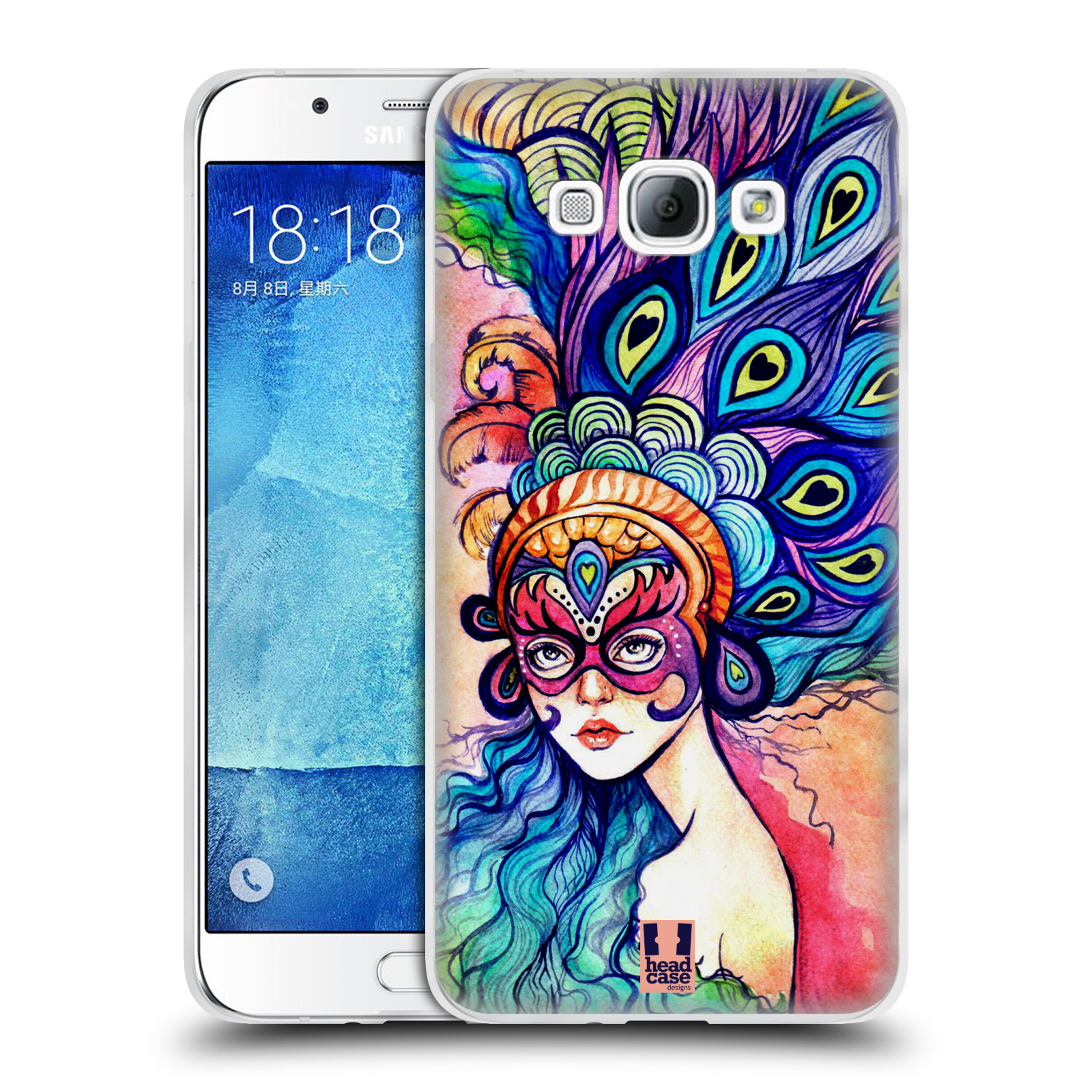 HEAD CASE silikonový obal na mobil Samsung Galaxy A8 vzor Maškarní ples masky kreslené vzory MODRÉ PÍRKA