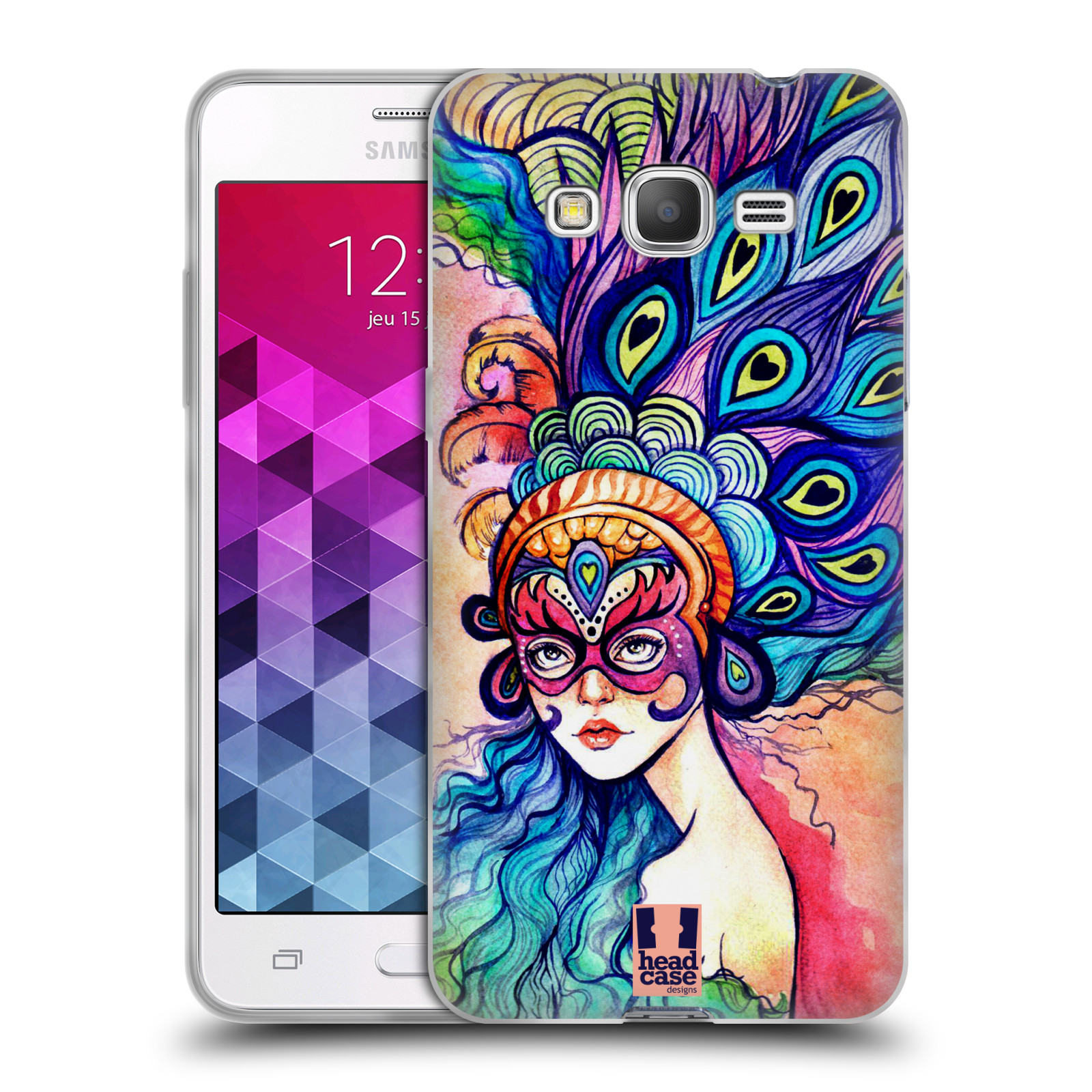 HEAD CASE silikonový obal na mobil Samsung Galaxy GRAND PRIME vzor Maškarní ples masky kreslené vzory MODRÉ PÍRKA