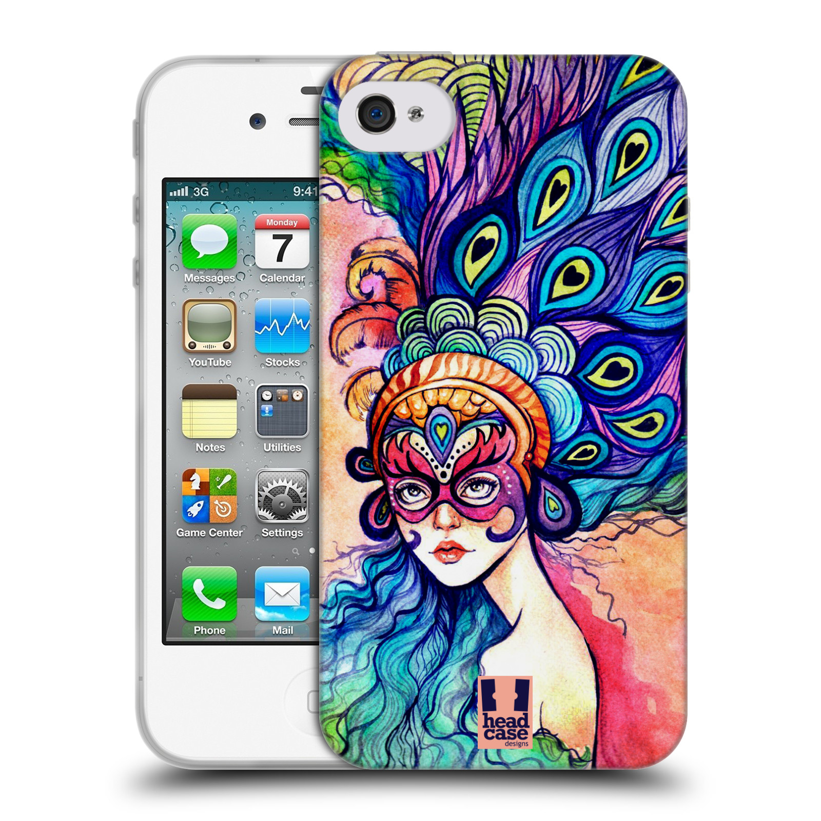 HEAD CASE silikonový obal na mobil Apple Iphone 4/4S vzor Maškarní ples masky kreslené vzory MODRÉ PÍRKA