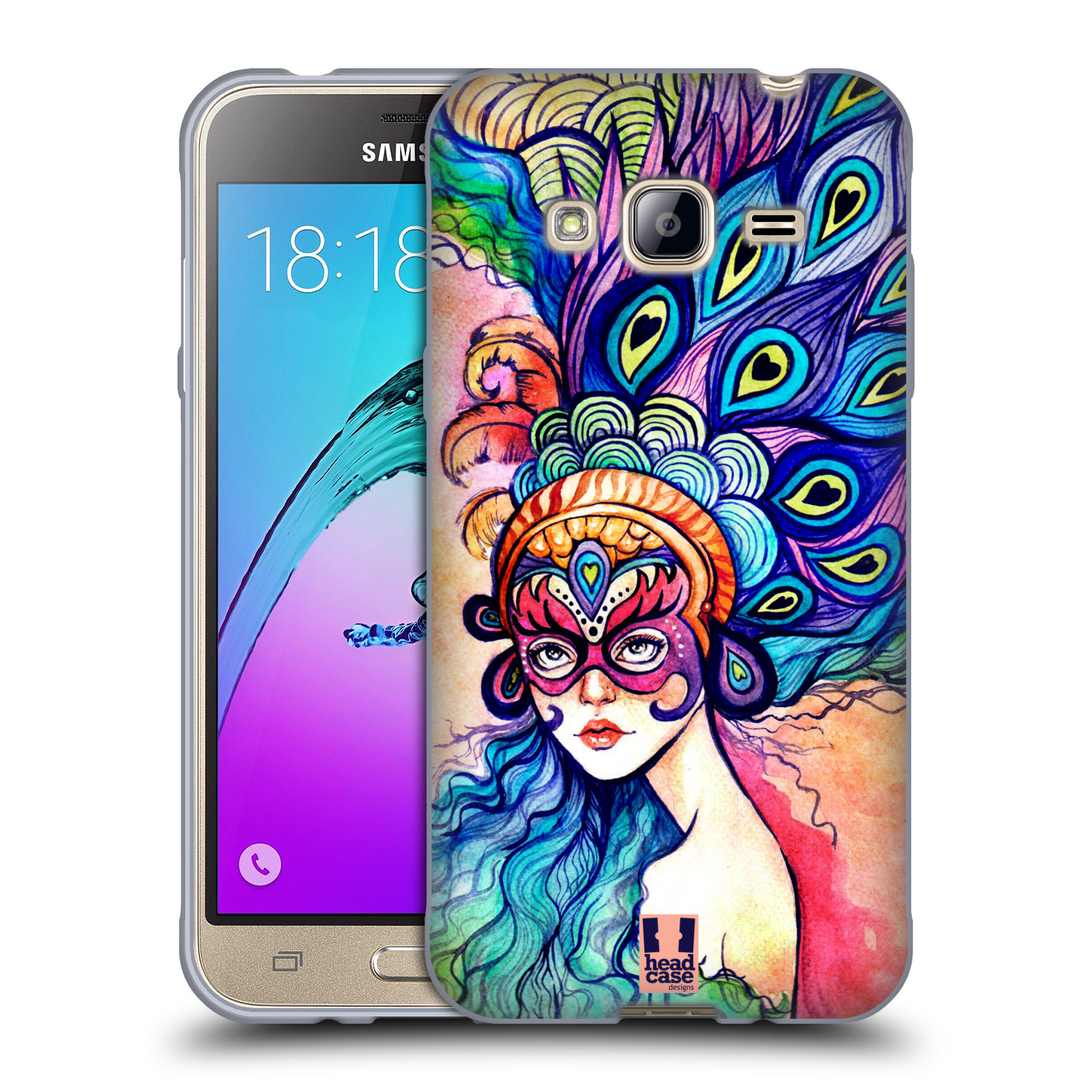 HEAD CASE silikonový obal na mobil Samsung Galaxy J3, J3 2016 vzor Maškarní ples masky kreslené vzory MODRÉ PÍRKA