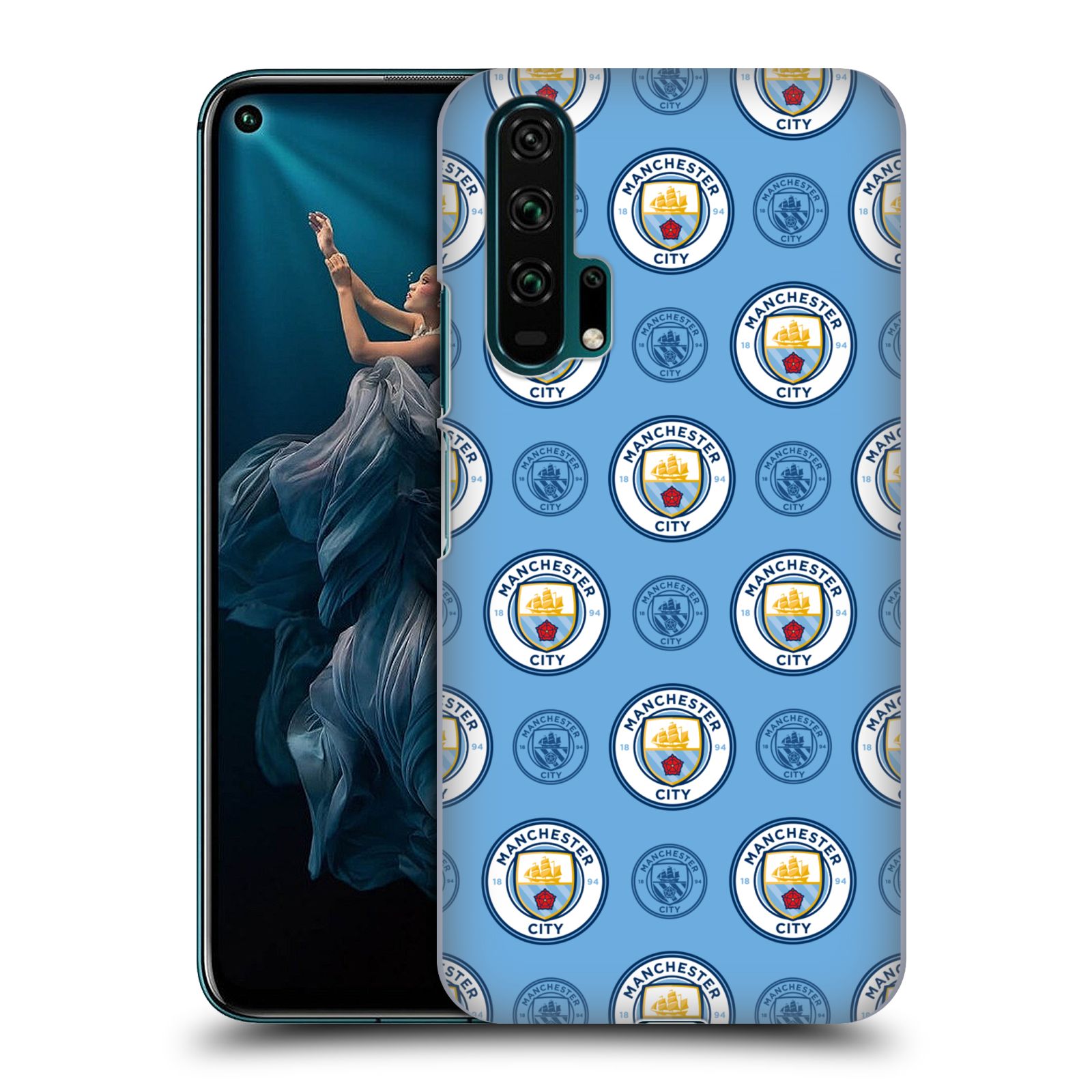 Pouzdro na mobil Honor 20 PRO - HEAD CASE - Fotbalový klub Manchester City modrý vzorkovaný malé znaky