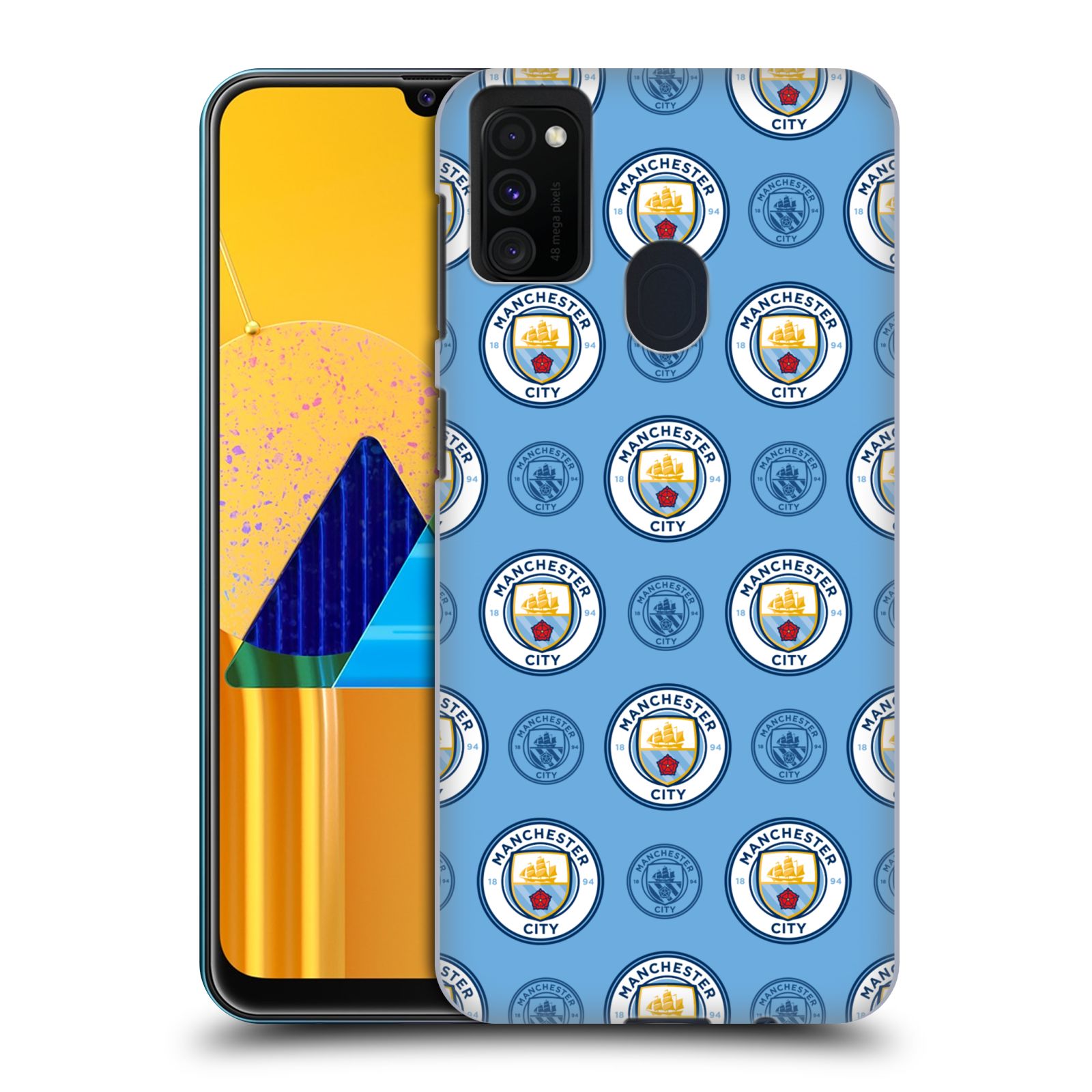 Zadní kryt na mobil Samsung Galaxy M21 Fotbalový klub Manchester City modrý vzorkovaný malé znaky