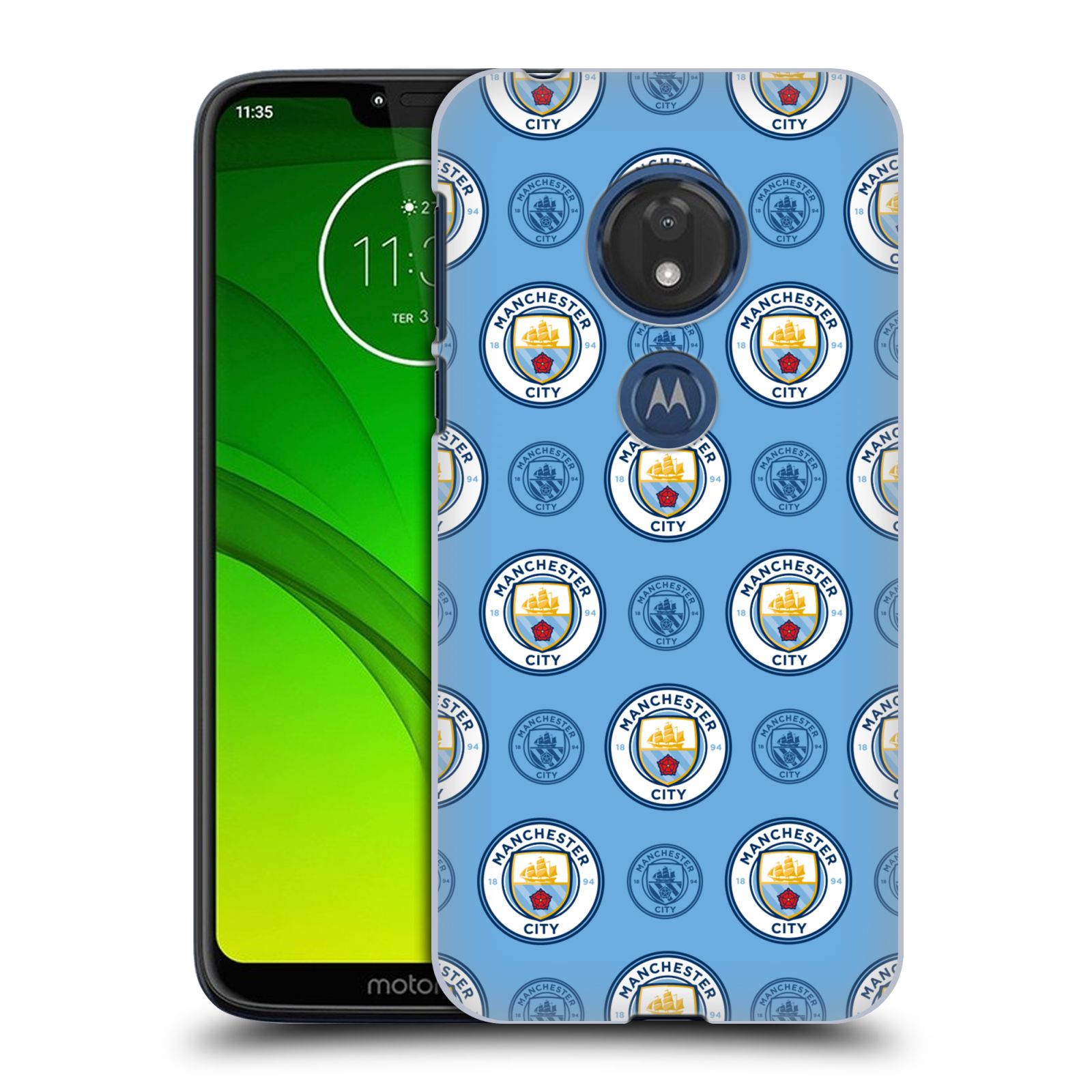 Pouzdro na mobil Motorola Moto G7 Play Fotbalový klub Manchester City modrý vzorkovaný malé znaky