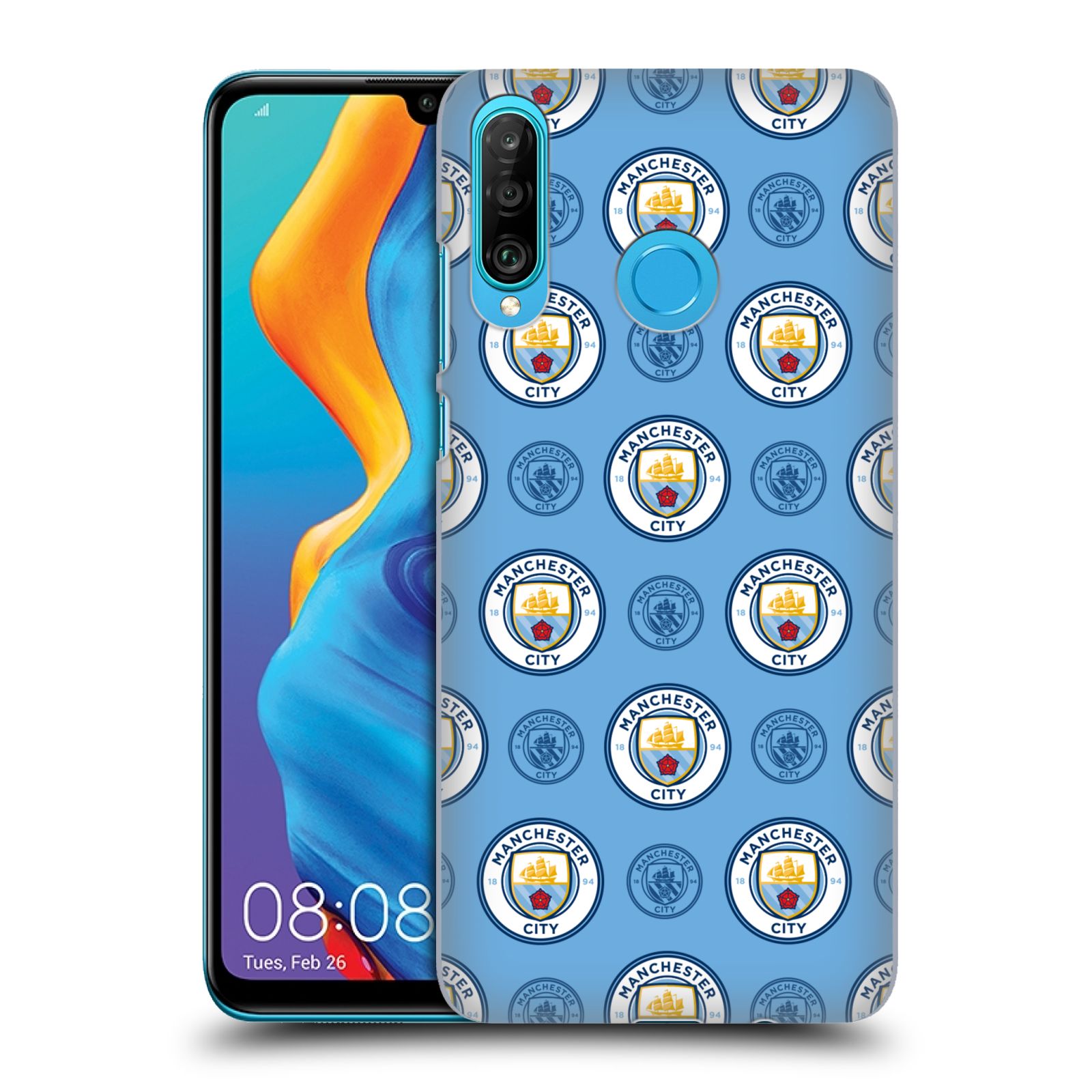 Pouzdro na mobil Huawei P30 LITE - HEAD CASE - Fotbalový klub Manchester City modrý vzorkovaný malé znaky