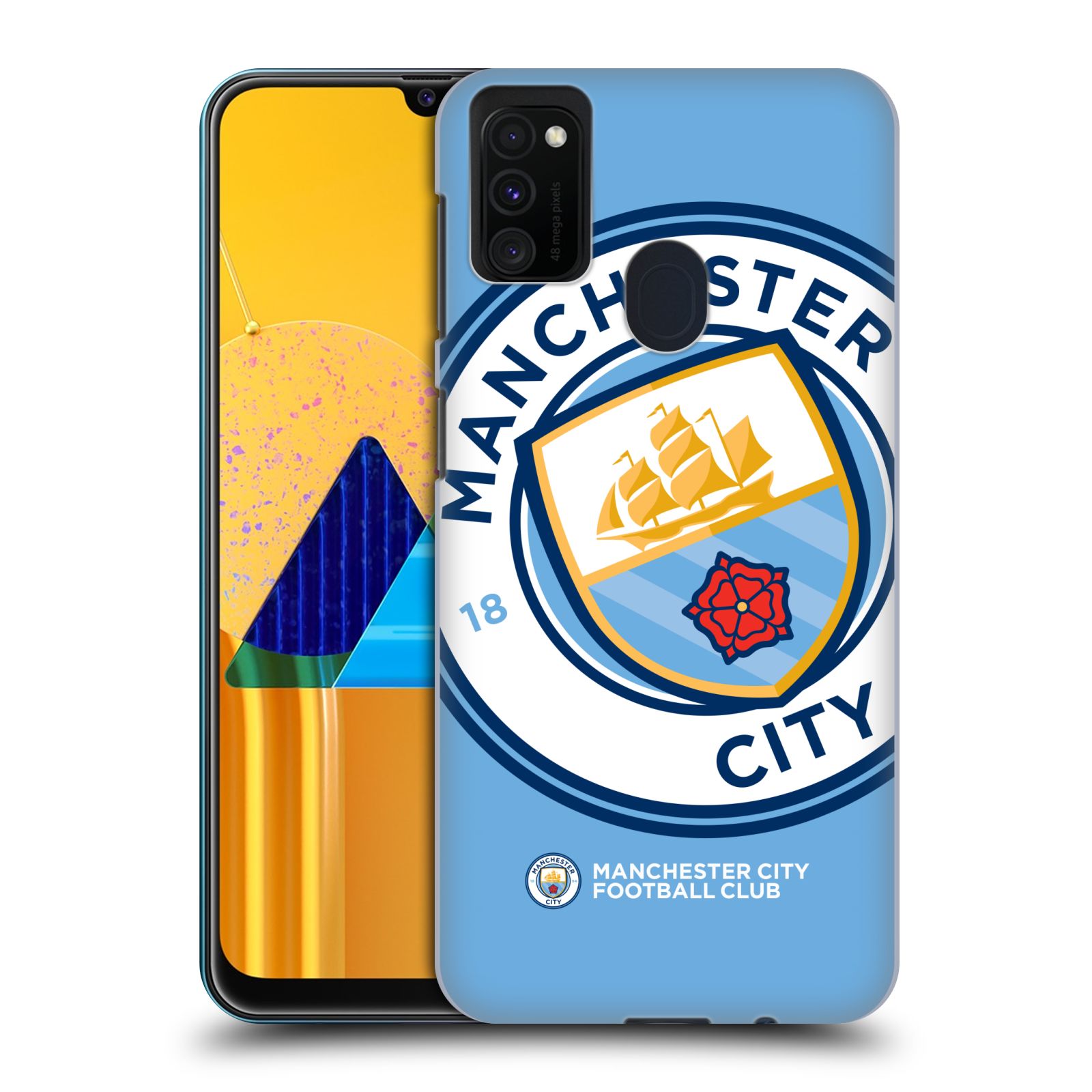 Zadní kryt na mobil Samsung Galaxy M21 Fotbalový klub Manchester City modrý velký přesahující znak