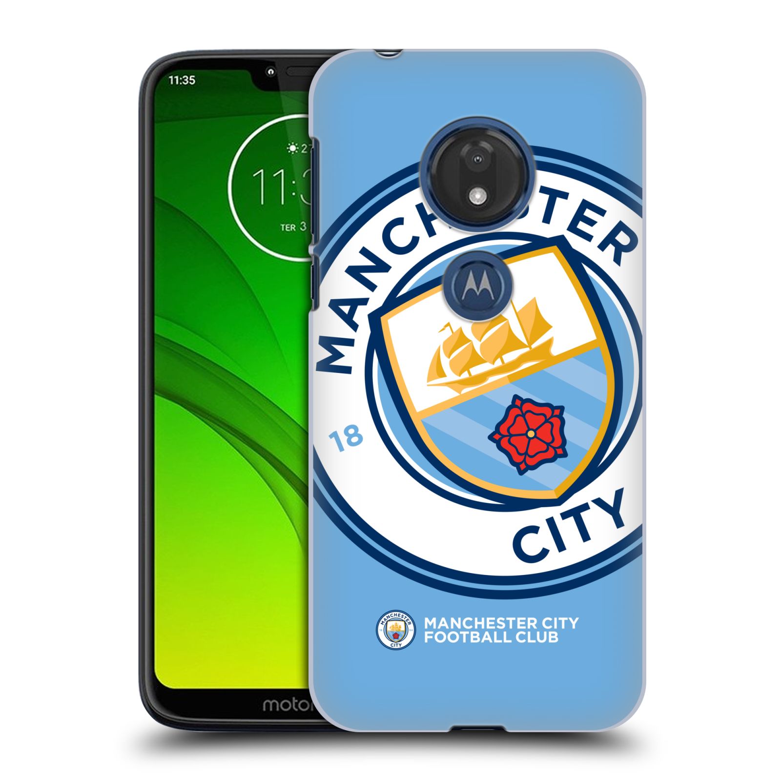 Pouzdro na mobil Motorola Moto G7 Play Fotbalový klub Manchester City modrý velký přesahující znak