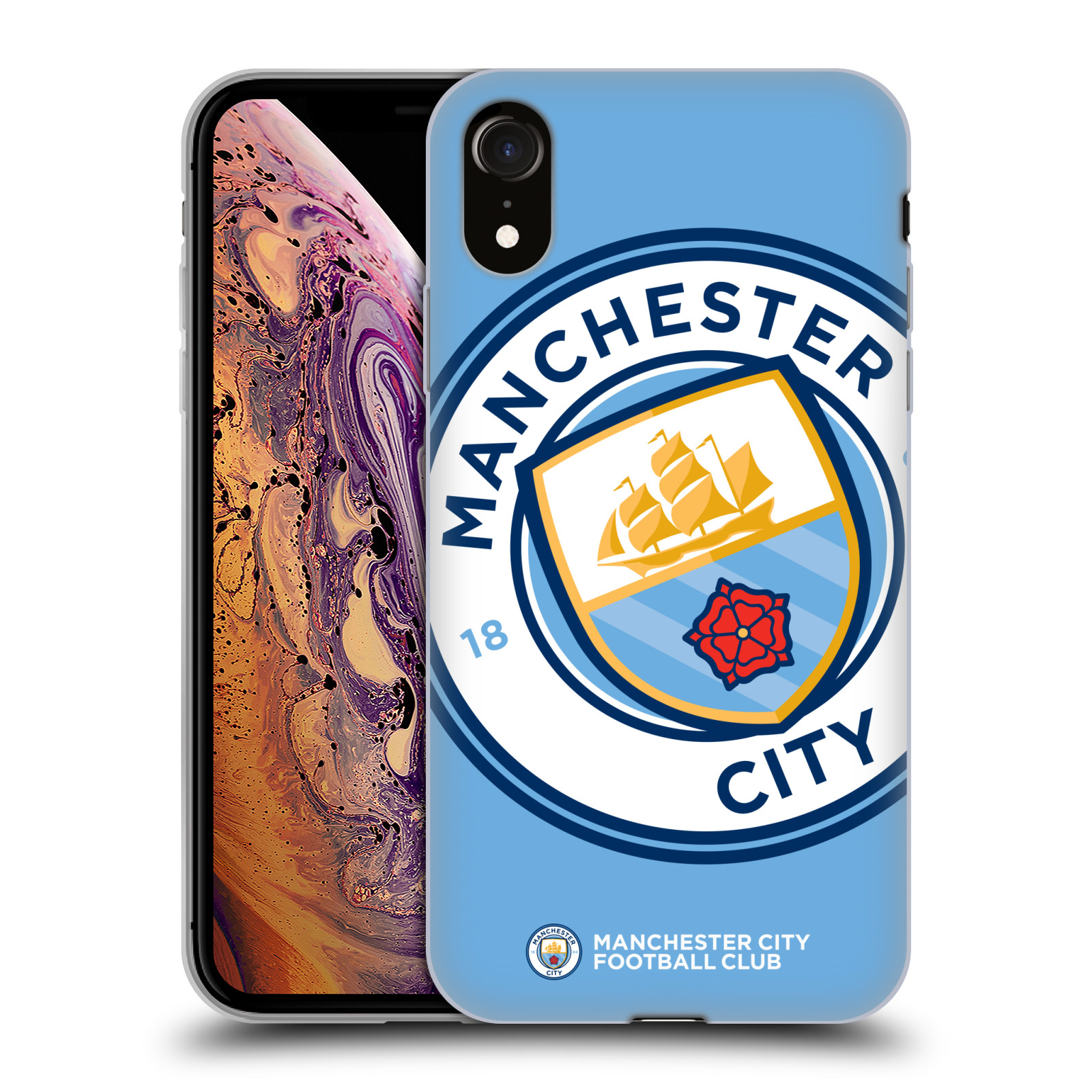 HEAD CASE silikon obal na mobil Apple Iphone XR Fotbalový klub Manchester City modrý velký přesahující znak