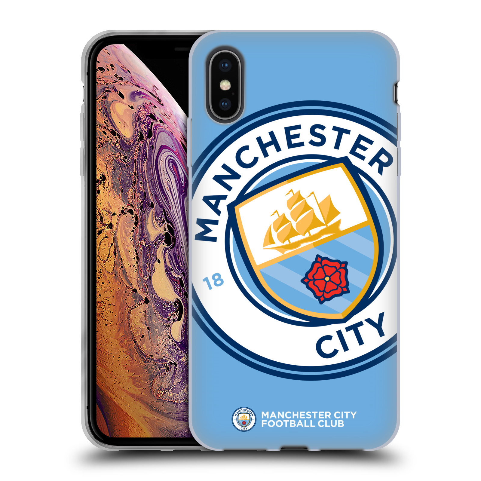 HEAD CASE silikon obal na mobil Apple Iphone XS MAX Fotbalový klub Manchester City modrý velký přesahující znak