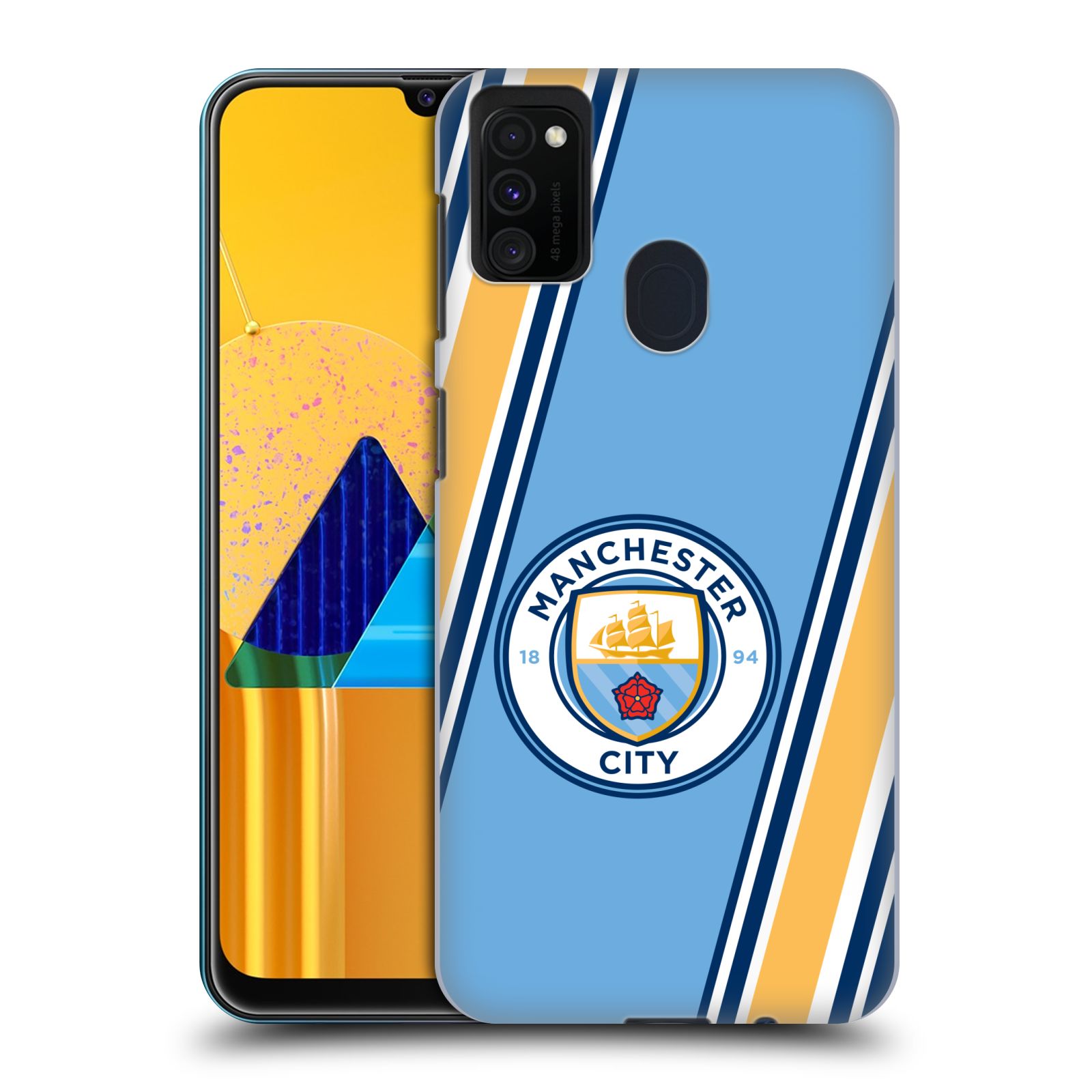 Zadní kryt na mobil Samsung Galaxy M21 Fotbalový klub Manchester City modrá barva žluté pruhy