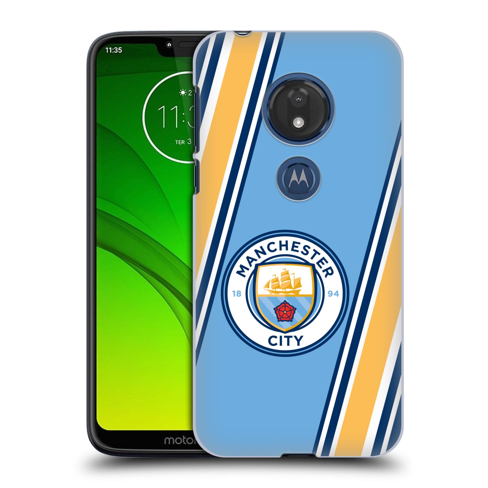 Pouzdro na mobil Motorola Moto G7 Play Fotbalový klub Manchester City modrá barva žluté pruhy