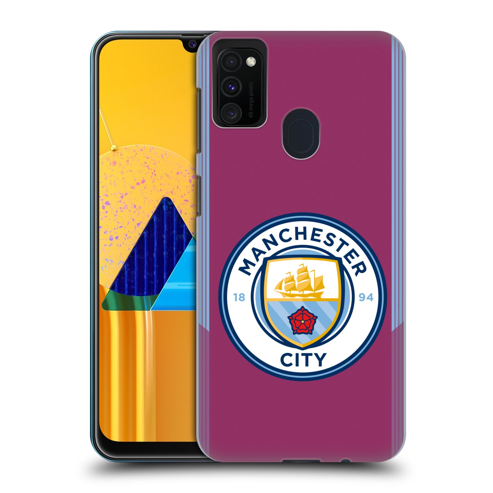 Zadní kryt na mobil Samsung Galaxy M21 Fotbalový klub Manchester City fialová barva venkovní dresy