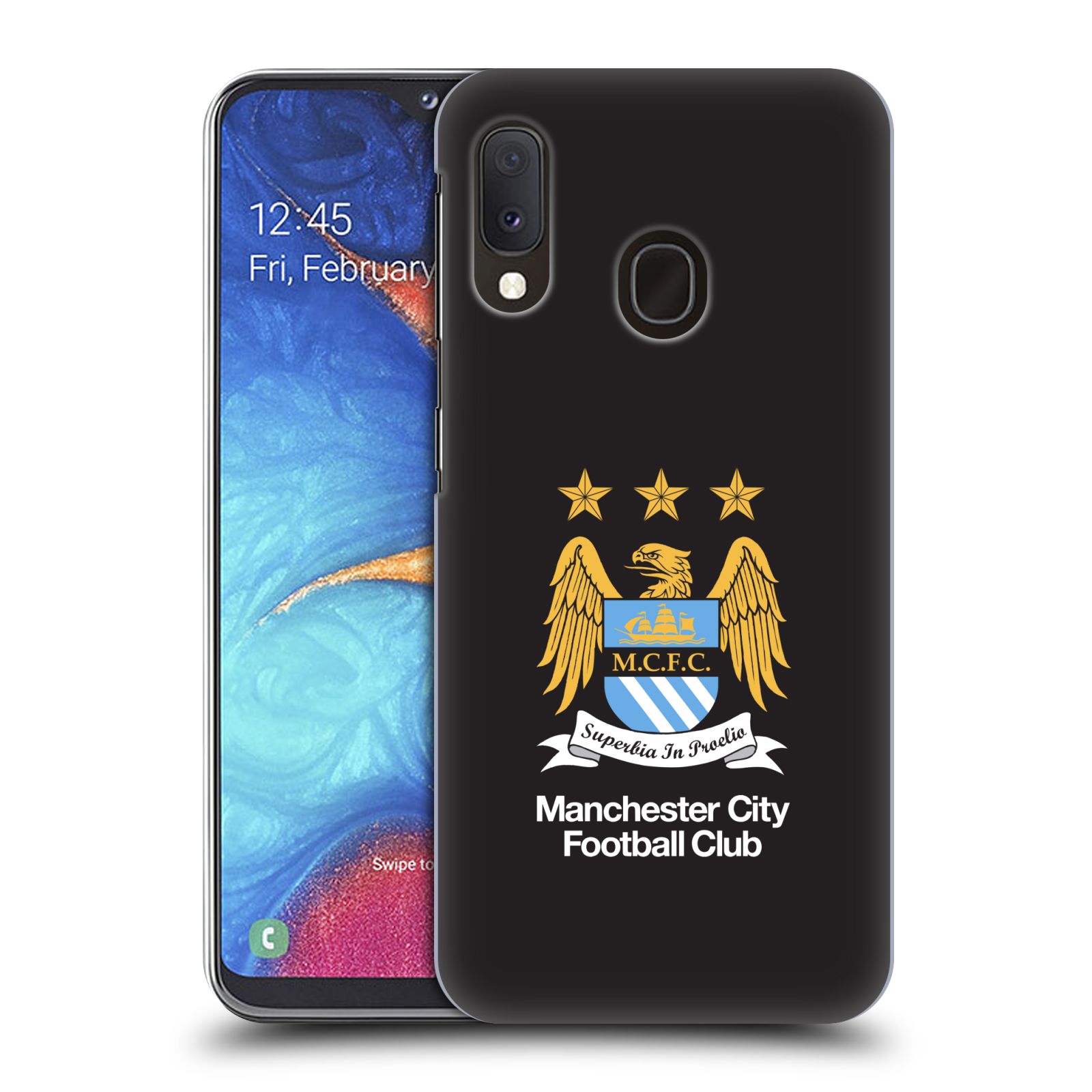 Pouzdro na mobil Samsung Galaxy A20e - HEAD CASE - Fotbalový klub Manchester City černé pozadí velký znak