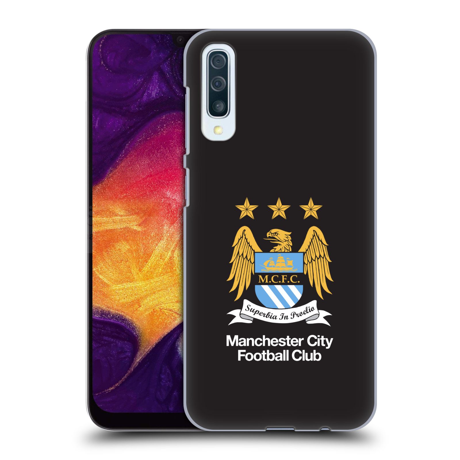 Pouzdro na mobil Samsung Galaxy A50 - HEAD CASE - Fotbalový klub Manchester City černé pozadí velký znak