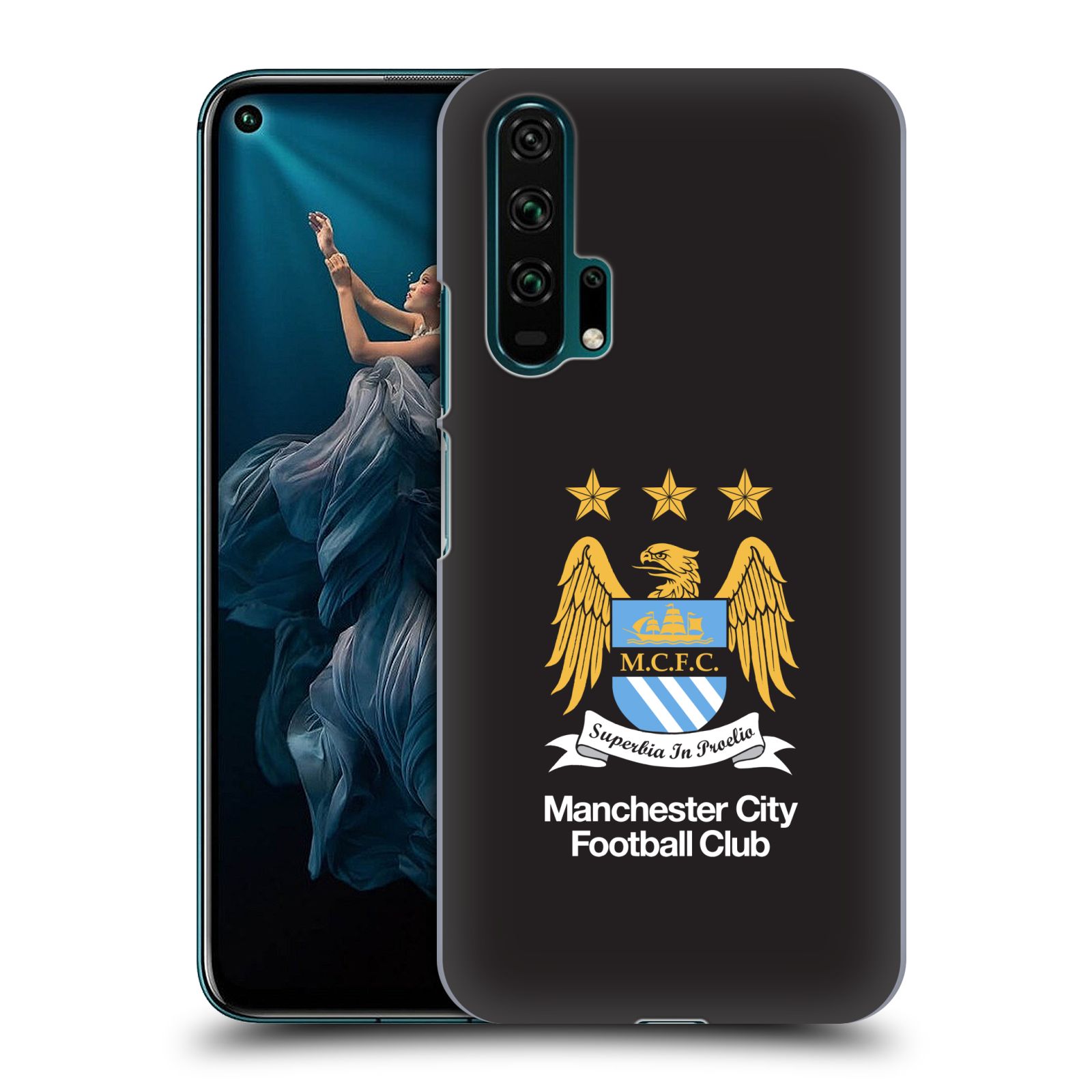 Pouzdro na mobil Honor 20 PRO - HEAD CASE - Fotbalový klub Manchester City černé pozadí velký znak