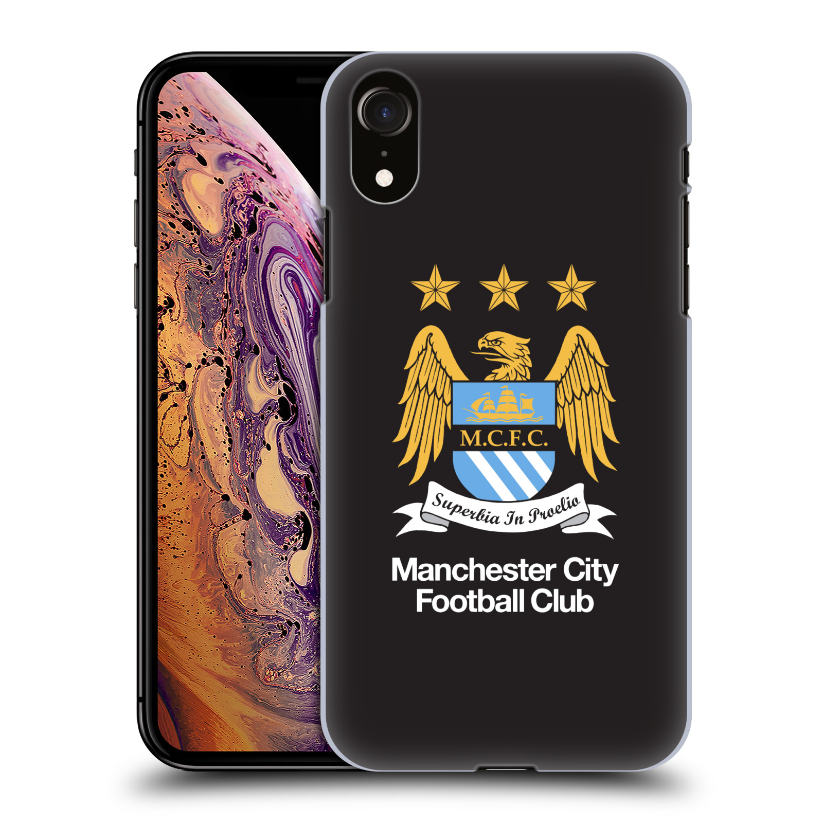 HEAD CASE plastový obal na mobil Apple Iphone XR Fotbalový klub Manchester City černé pozadí velký znak
