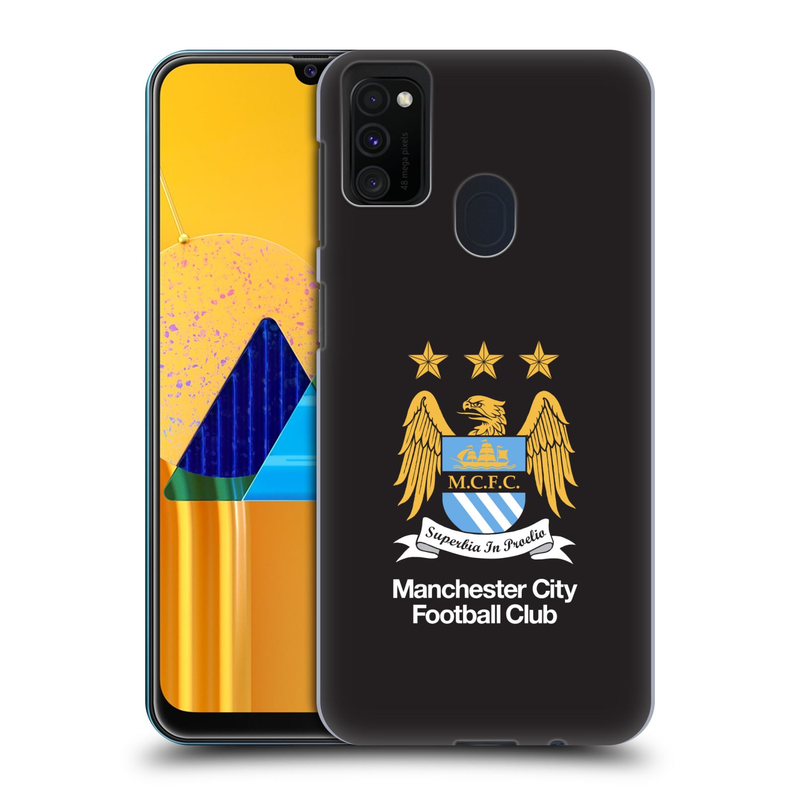 Zadní kryt na mobil Samsung Galaxy M21 Fotbalový klub Manchester City černé pozadí velký znak