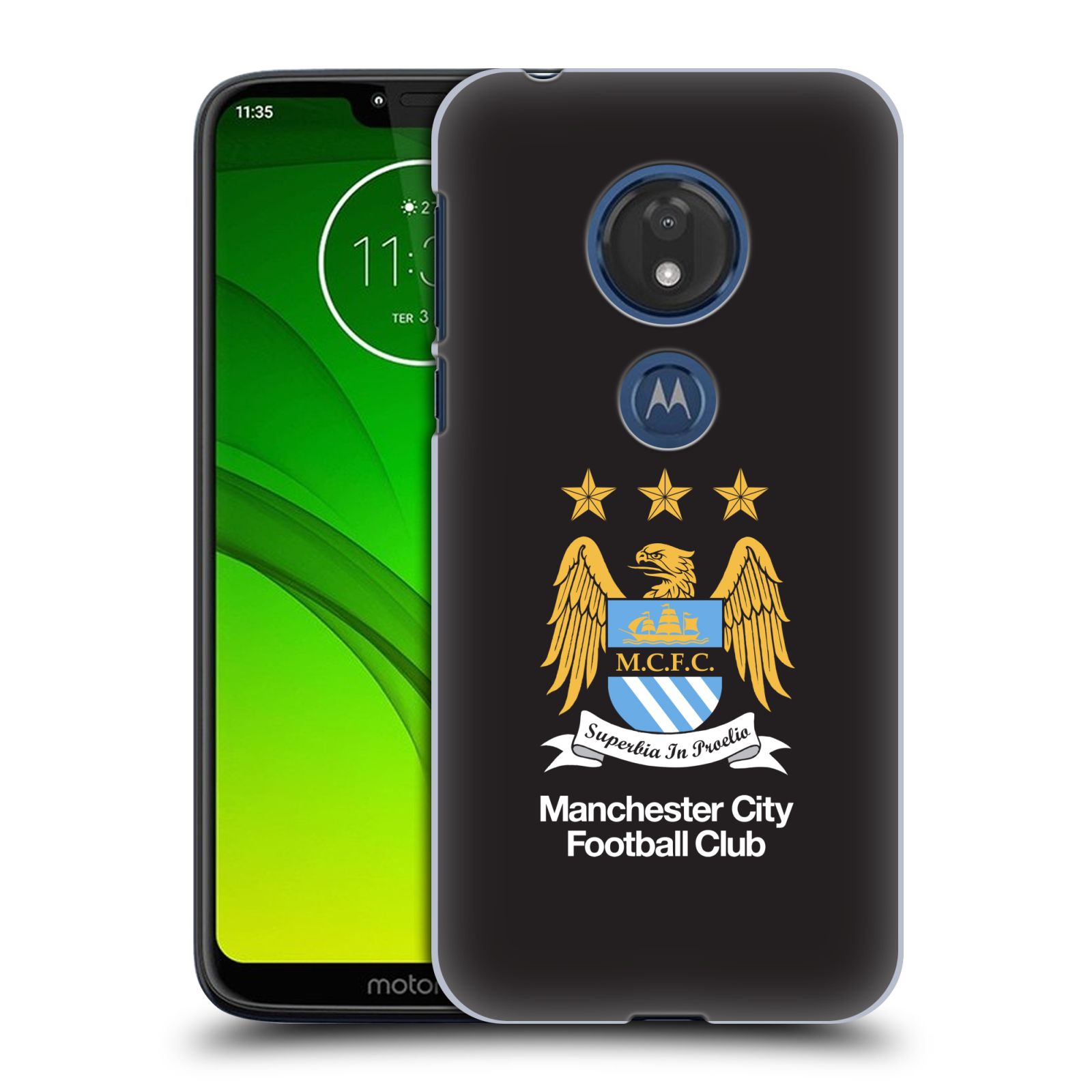 Pouzdro na mobil Motorola Moto G7 Play Fotbalový klub Manchester City černé pozadí velký znak