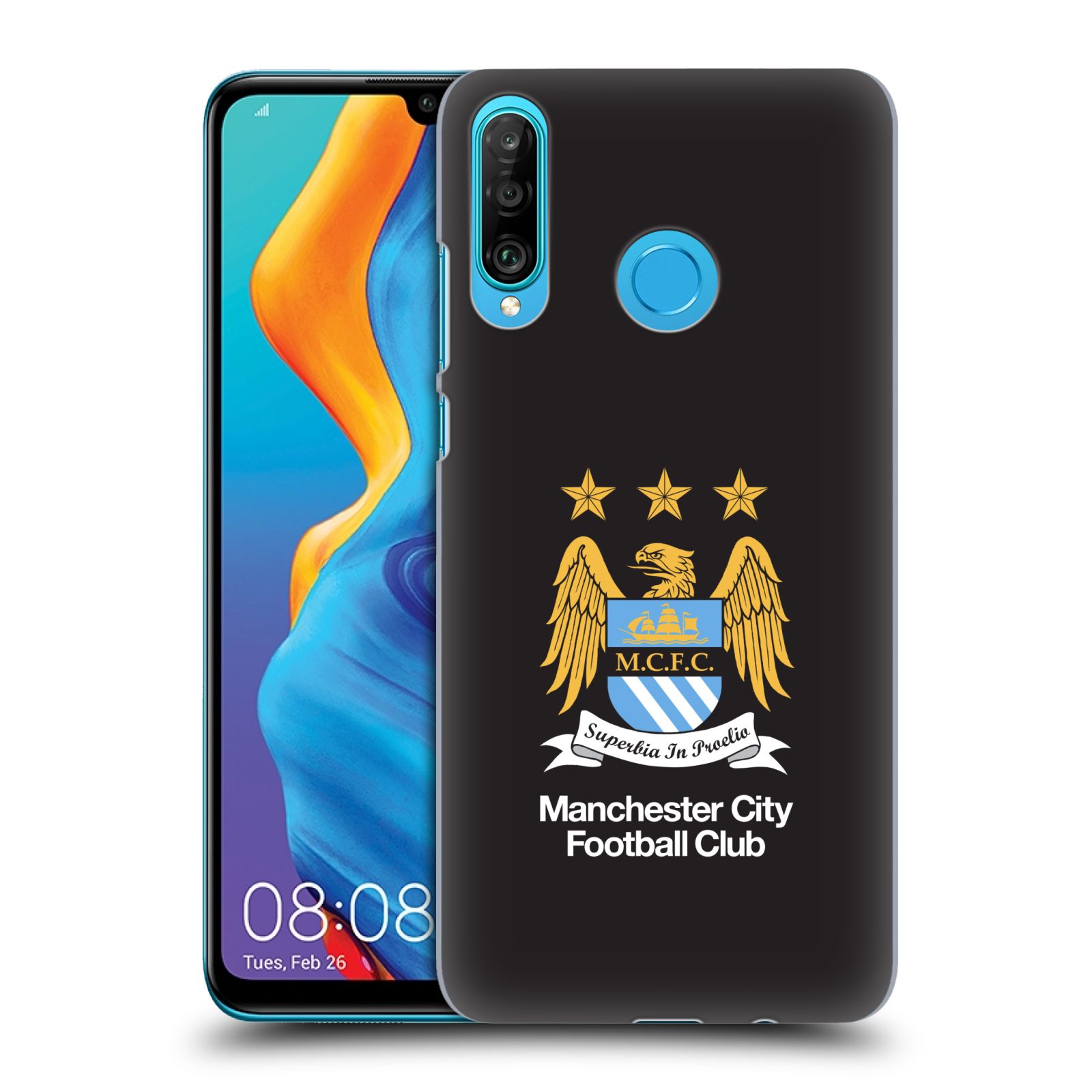 Pouzdro na mobil Huawei P30 LITE - HEAD CASE - Fotbalový klub Manchester City černé pozadí velký znak