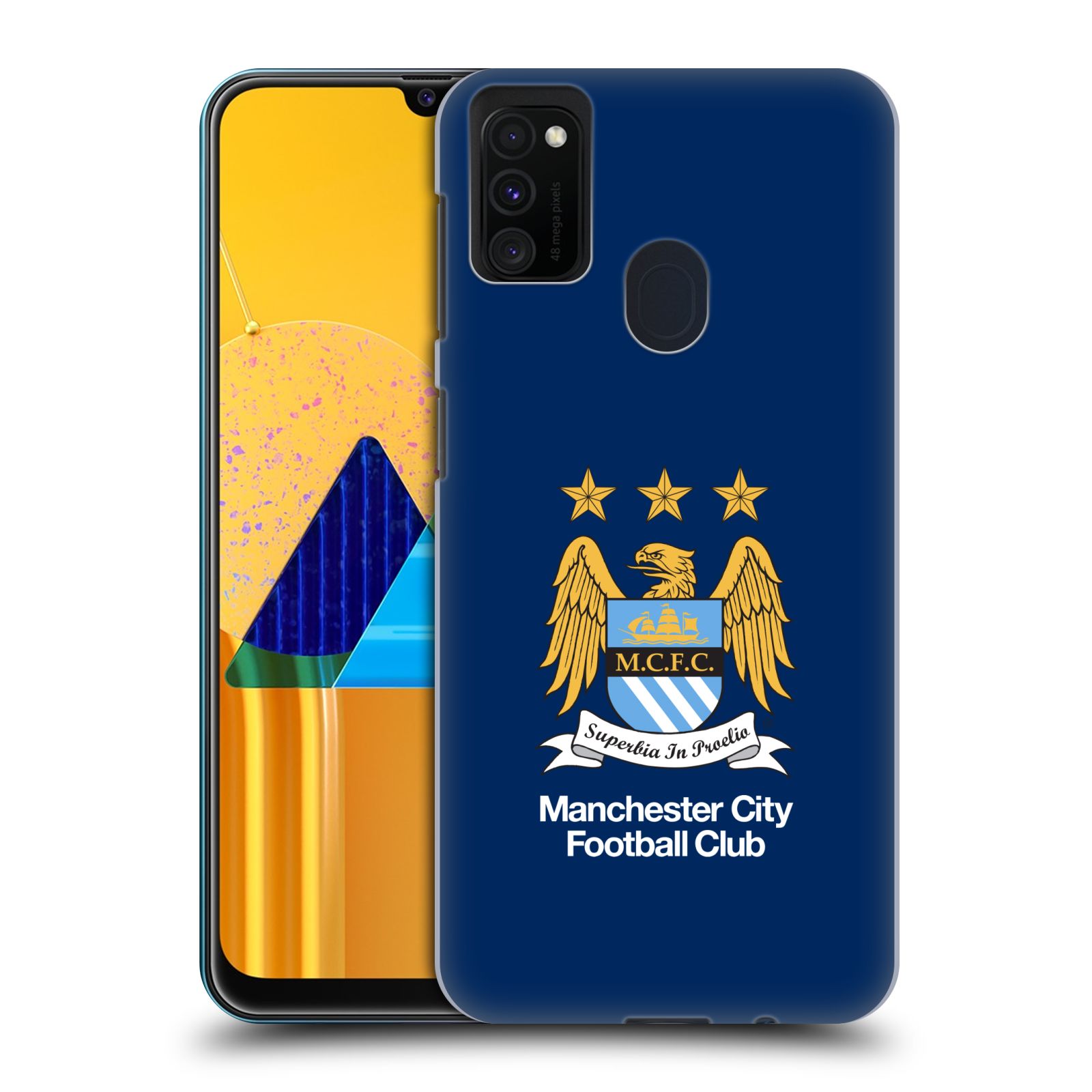 Zadní kryt na mobil Samsung Galaxy M21 Fotbalový klub Manchester City modré pozadí velký znak