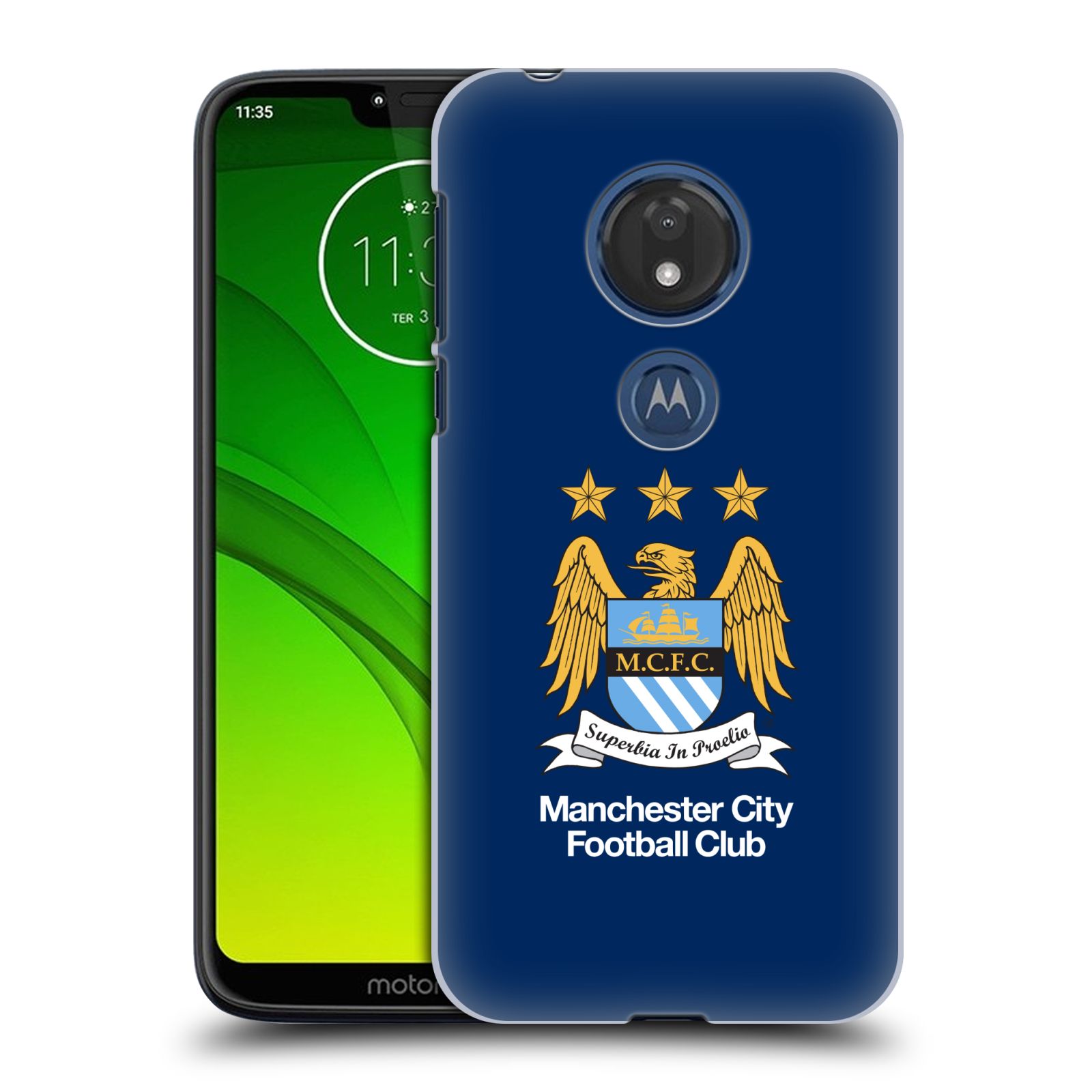 Pouzdro na mobil Motorola Moto G7 Play Fotbalový klub Manchester City modré pozadí velký znak