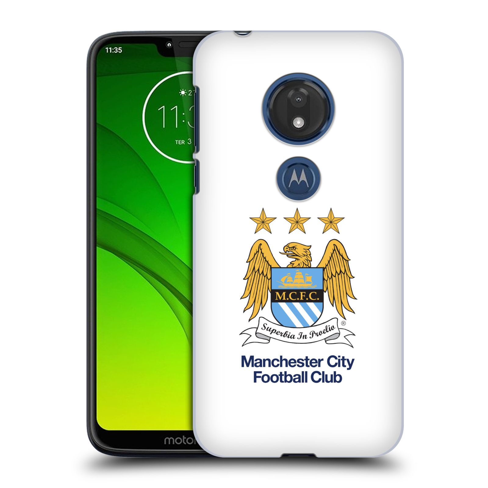 Pouzdro na mobil Motorola Moto G7 Play Fotbalový klub Manchester City bílé pozadí velký znak pták