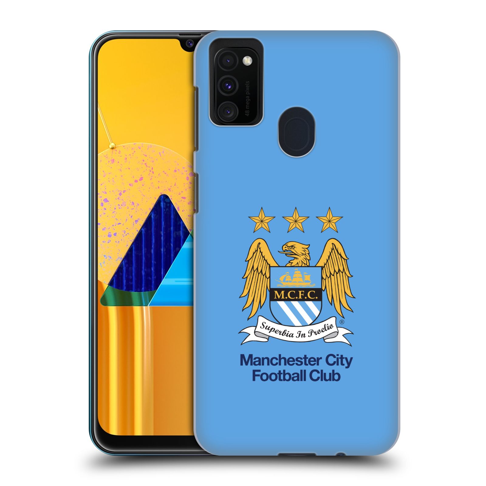 Zadní kryt na mobil Samsung Galaxy M21 Fotbalový klub Manchester City nebesky modrá pozadí velký znak pták