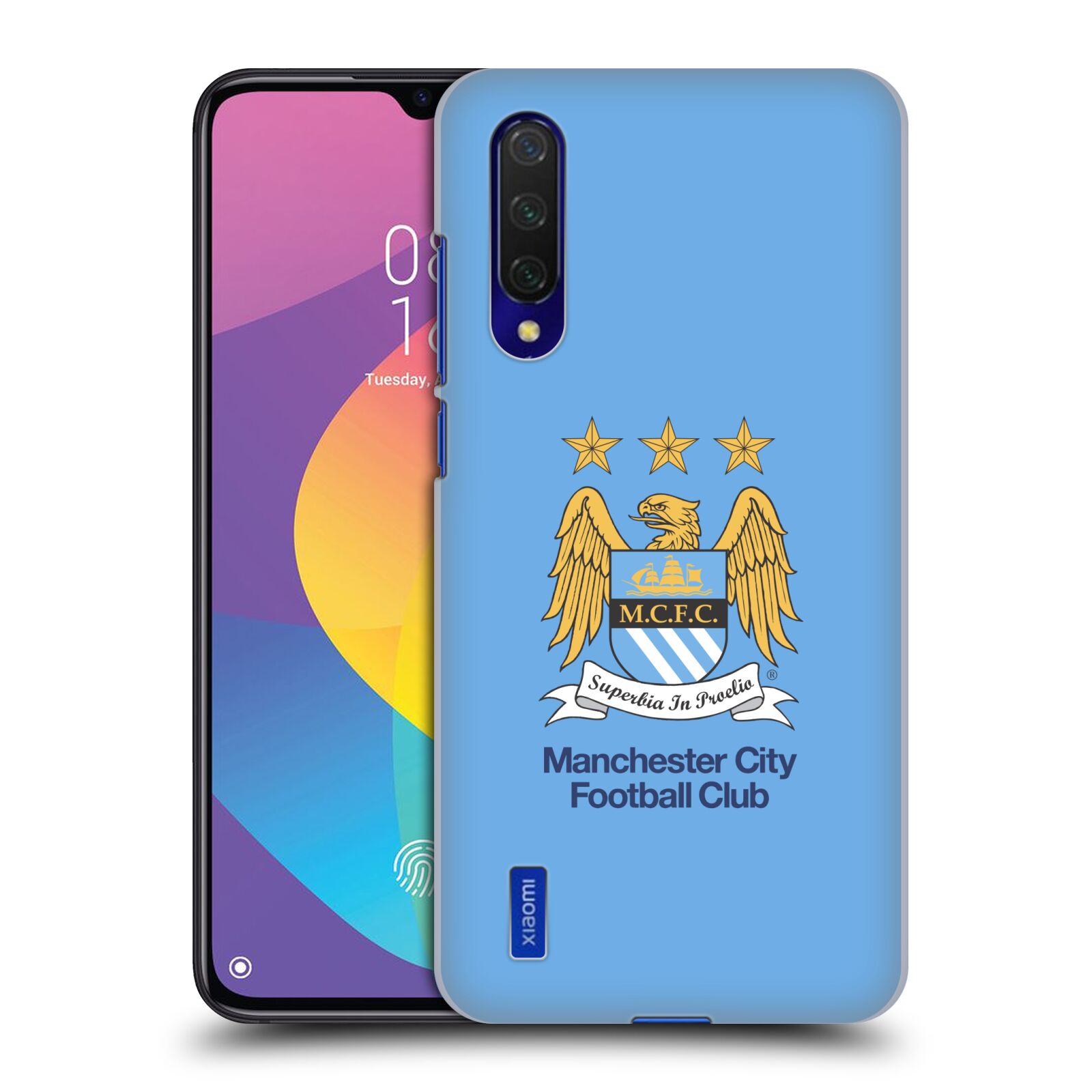 Zadní kryt na mobil Xiaomi MI 9 LITE Fotbalový klub Manchester City nebesky modrá pozadí velký znak pták