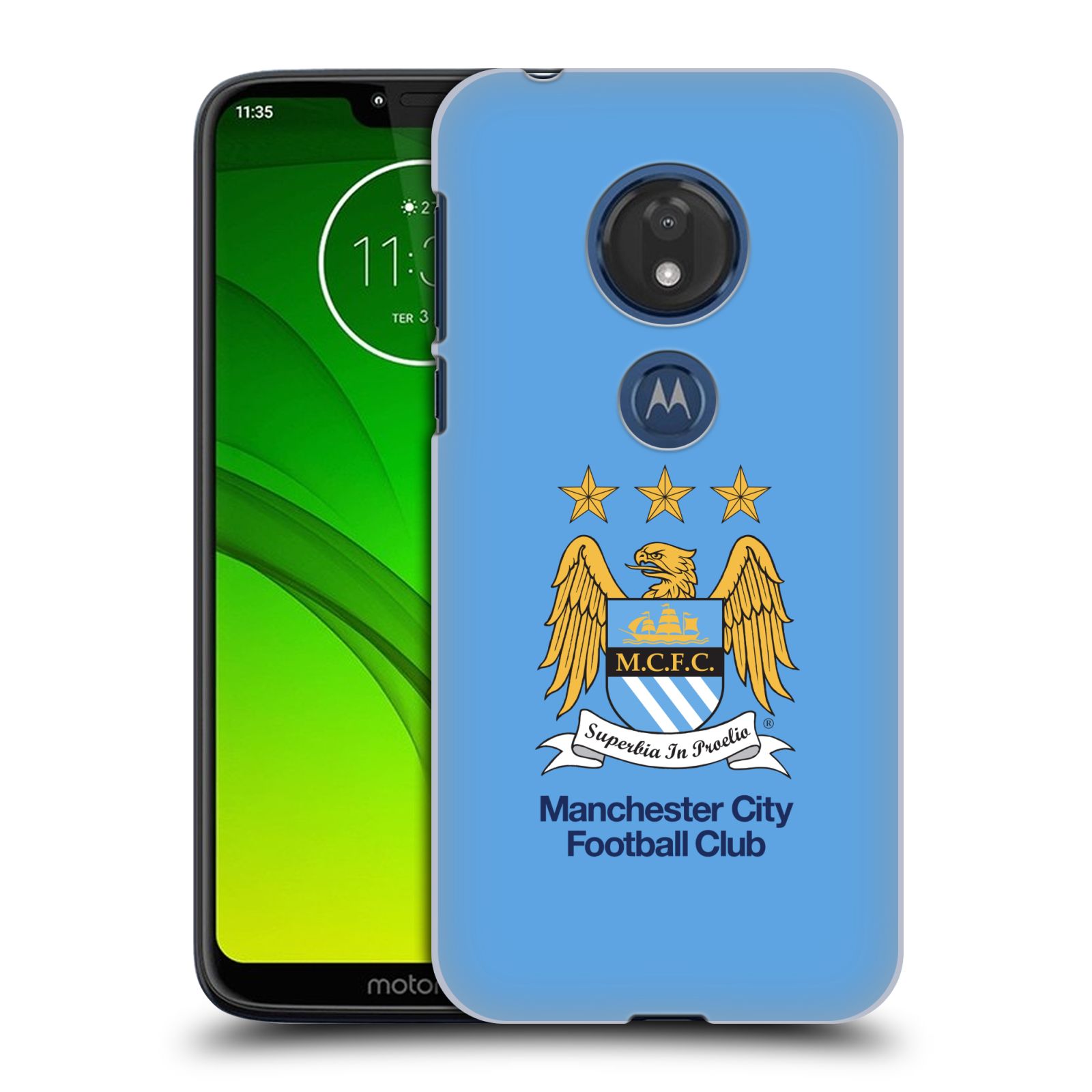 Pouzdro na mobil Motorola Moto G7 Play Fotbalový klub Manchester City nebesky modrá pozadí velký znak pták