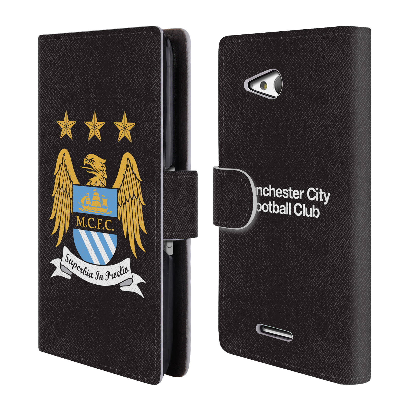 HEAD CASE Flipové pouzdro pro mobil Sony Xperia E4g Oficiální Manchester City znak a černé pozadí