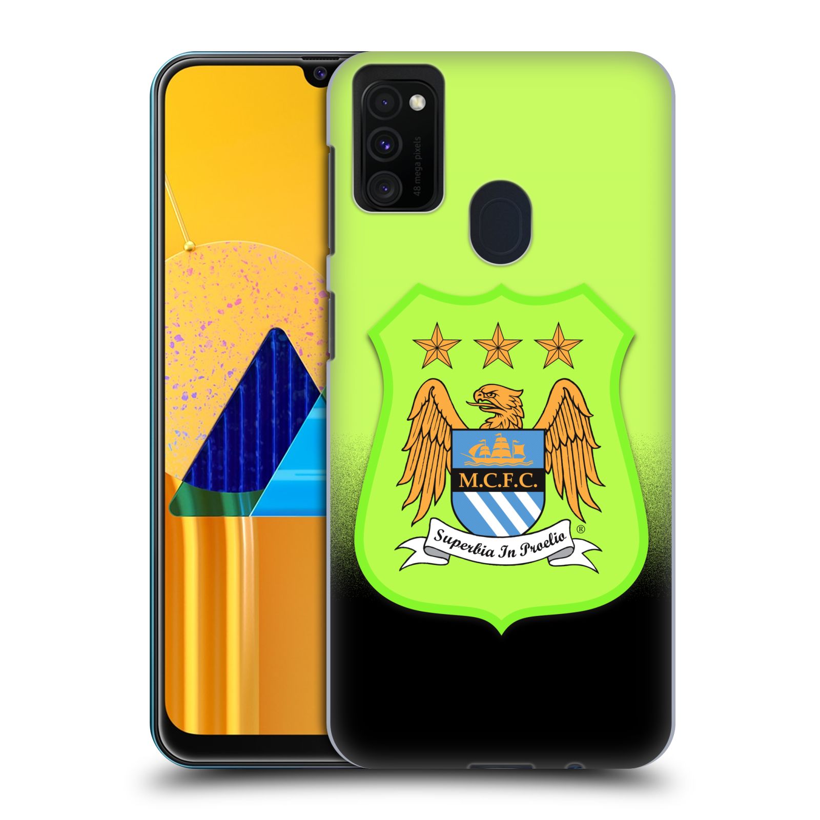Zadní kryt na mobil Samsung Galaxy M21 Fotbalový klub Manchester City černá a zelená pozadí velký znak pták