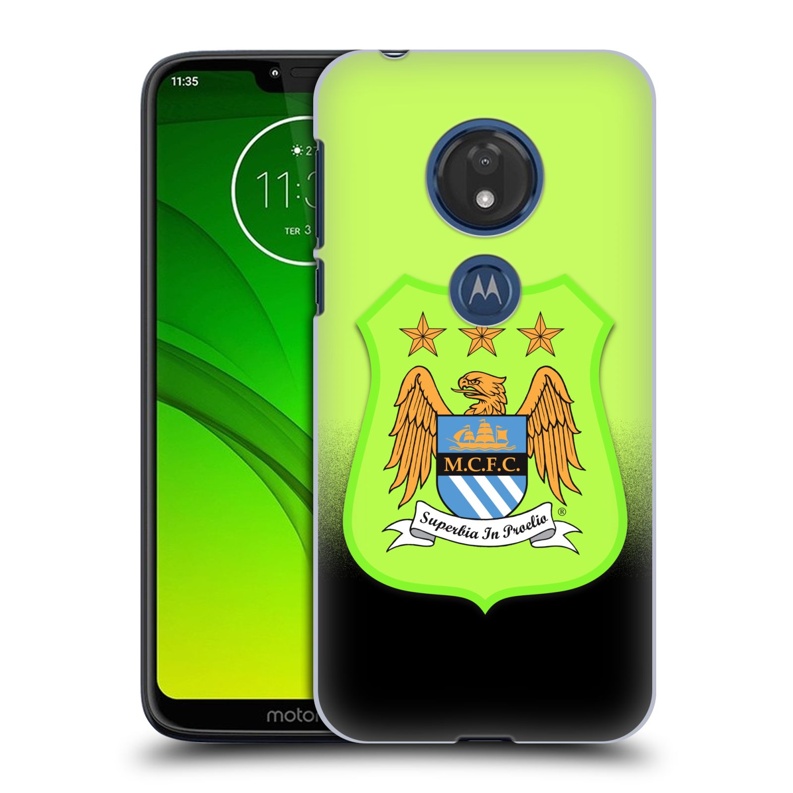 Pouzdro na mobil Motorola Moto G7 Play Fotbalový klub Manchester City černá a zelená pozadí velký znak pták