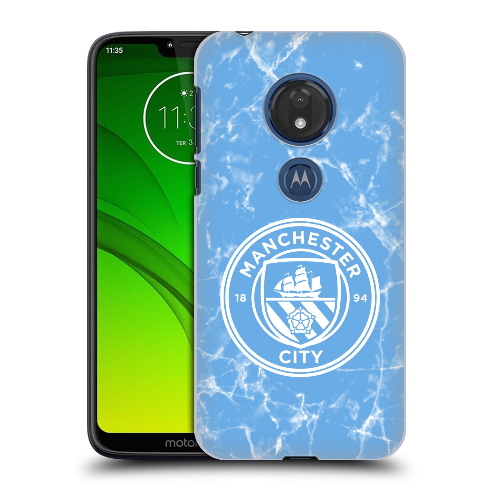 Pouzdro na mobil Motorola Moto G7 Play Fotbalový klub Manchester City modrý mramor