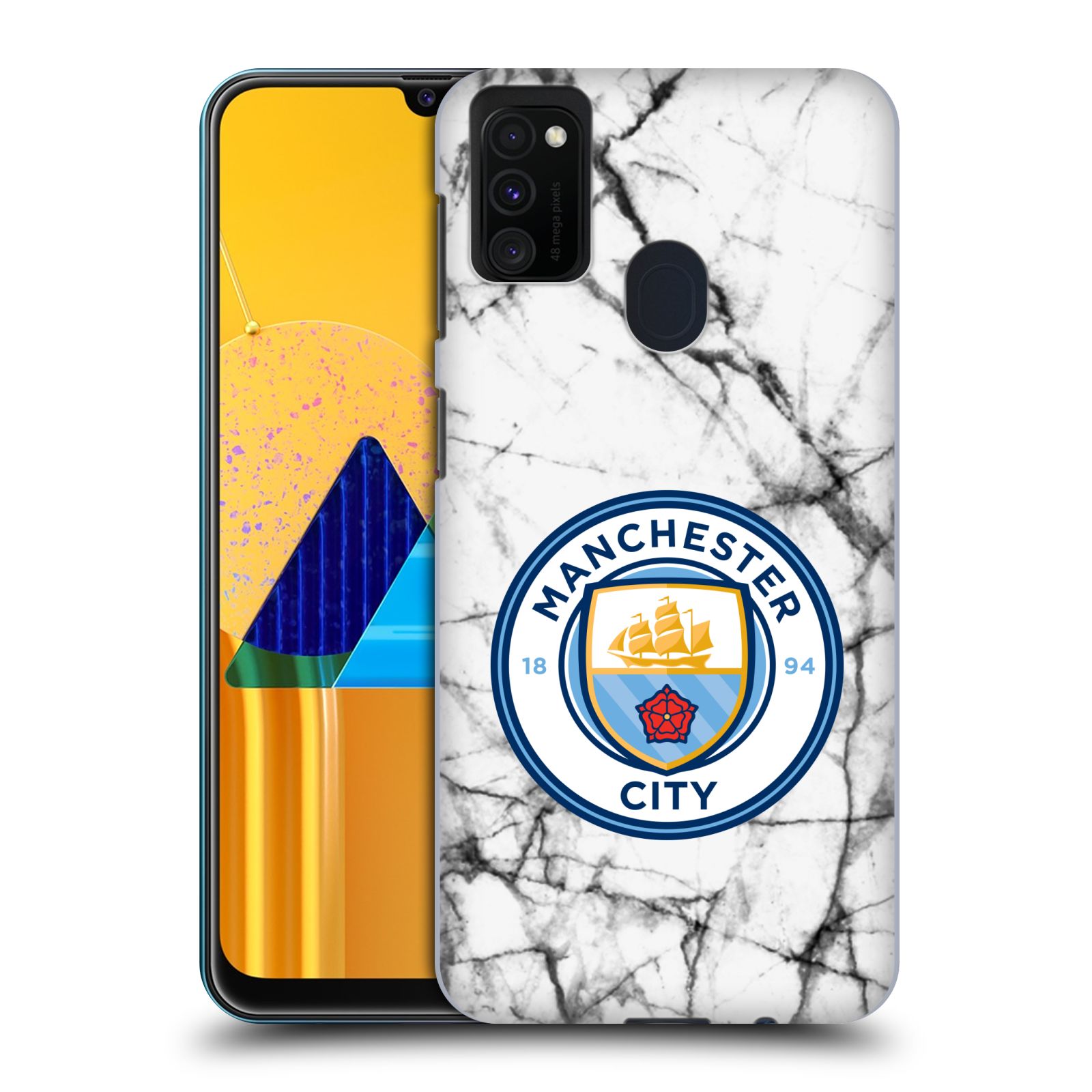 Zadní kryt na mobil Samsung Galaxy M21 Fotbalový klub Manchester City bílý mramor